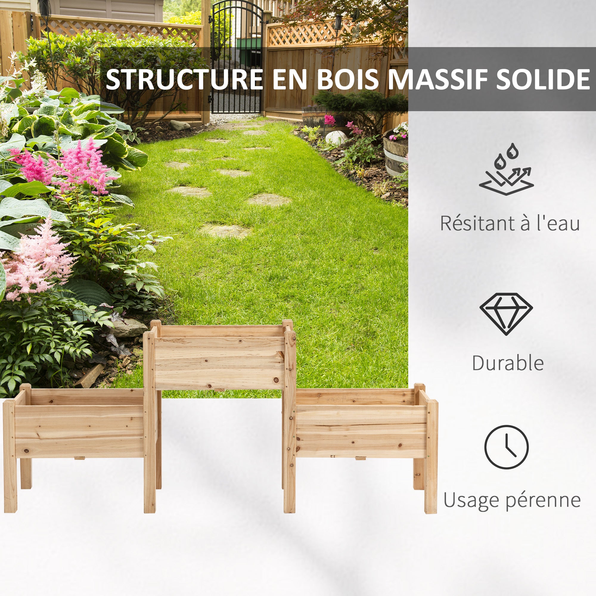 Triple-Tiered Raised Garden Bed with 3 Double-Level Containers 184L x 45W x 80H cm Pre-Oiled Fir Wood Inserts for Irrigation