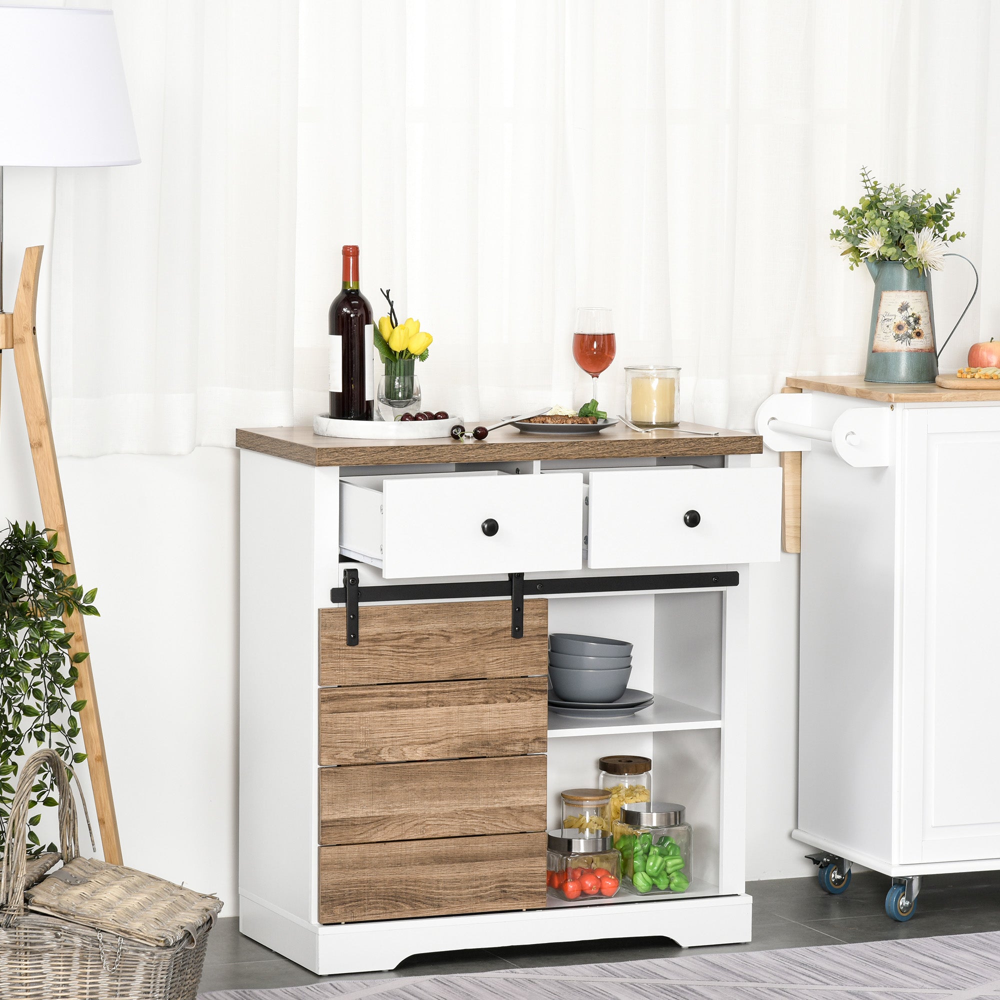 Kitchen Storage Cabinet Wine Rack Buffet Sideboard with Sliding Barn Door and 2 Drawers Rustic Style for Living Room Dining Room 80x39x86 cm White and Natural