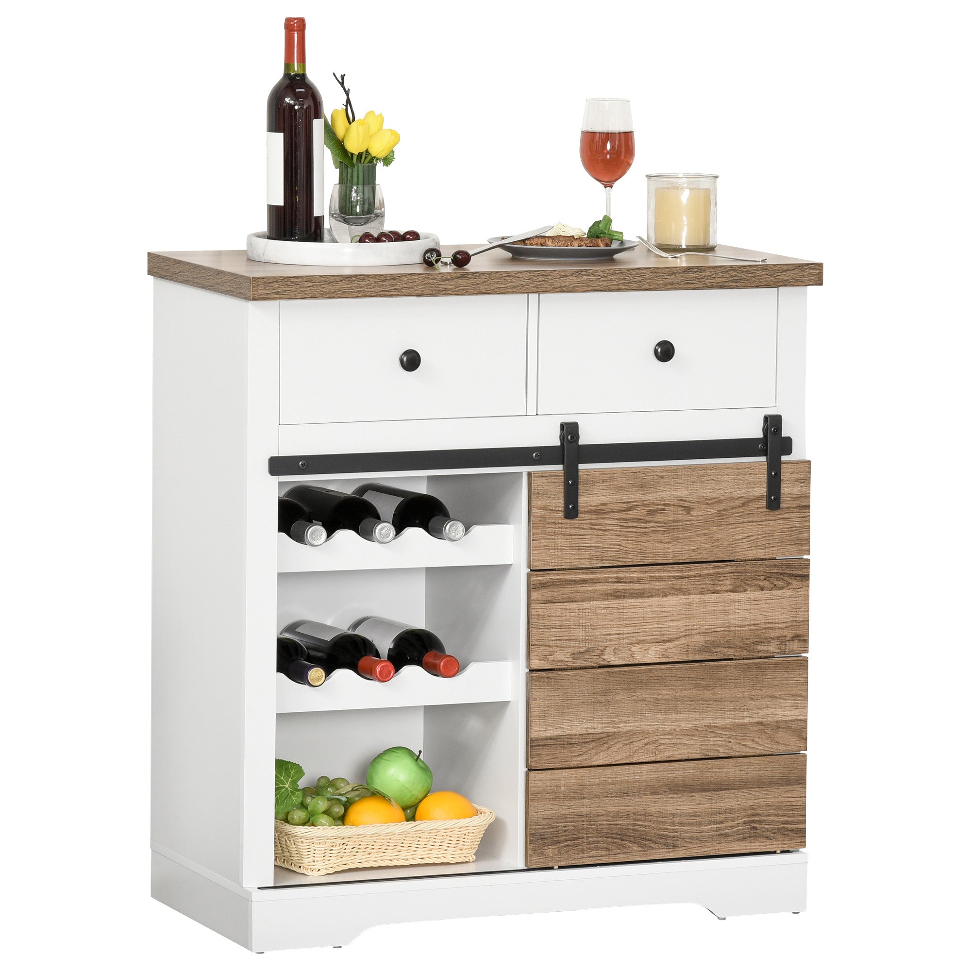 Kitchen Storage Cabinet Wine Rack Buffet Sideboard with Sliding Barn Door and 2 Drawers Rustic Style for Living Room Dining Room 80x39x86 cm White and Natural