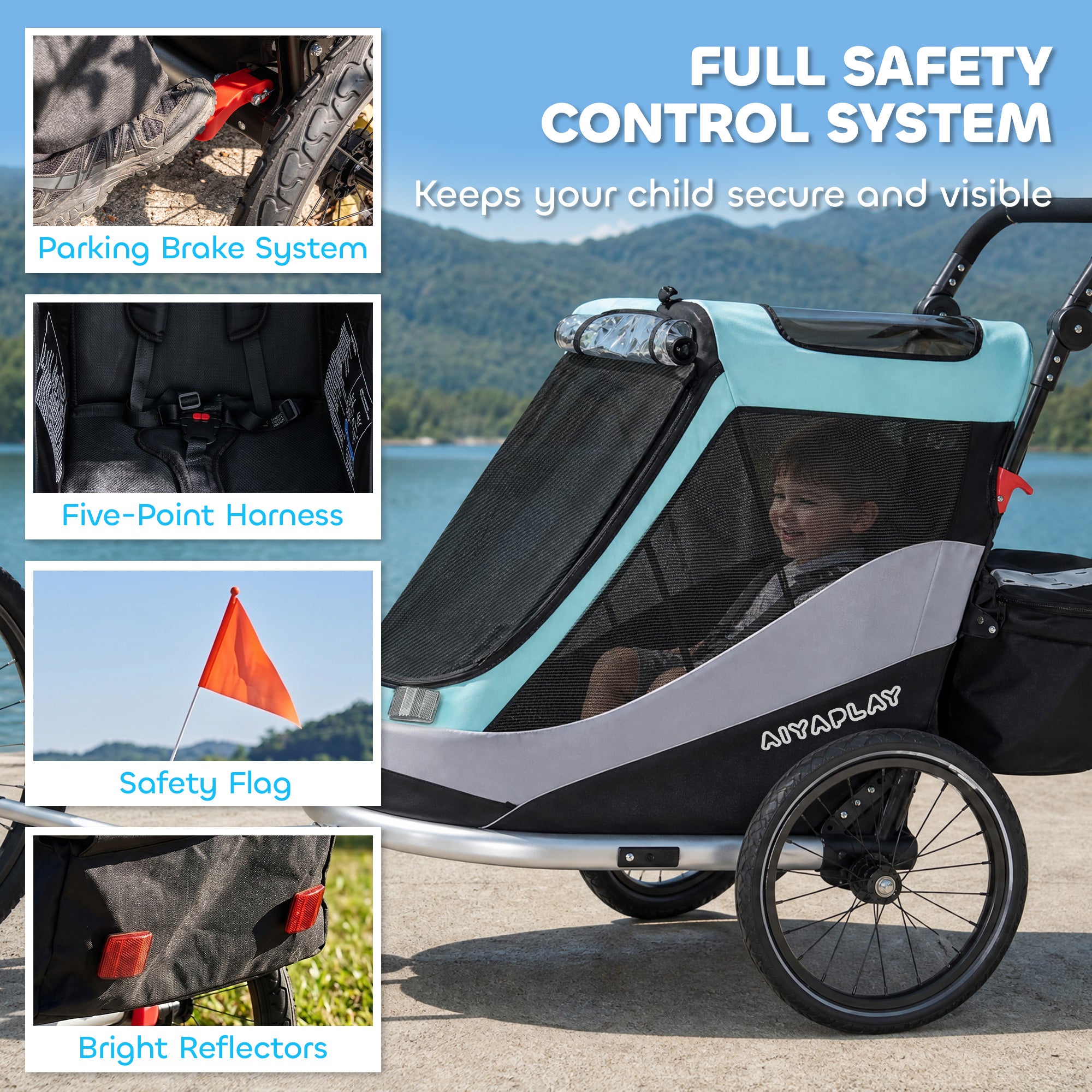2-in-1 Foldable Bike Trailer & Stroller — Child Bicycle Trailer with 5-Point Harness, Reflectors, 16" Air Tires, Brake, Storage — For Children 12+ Months (Max 39.7 lbs trailer)