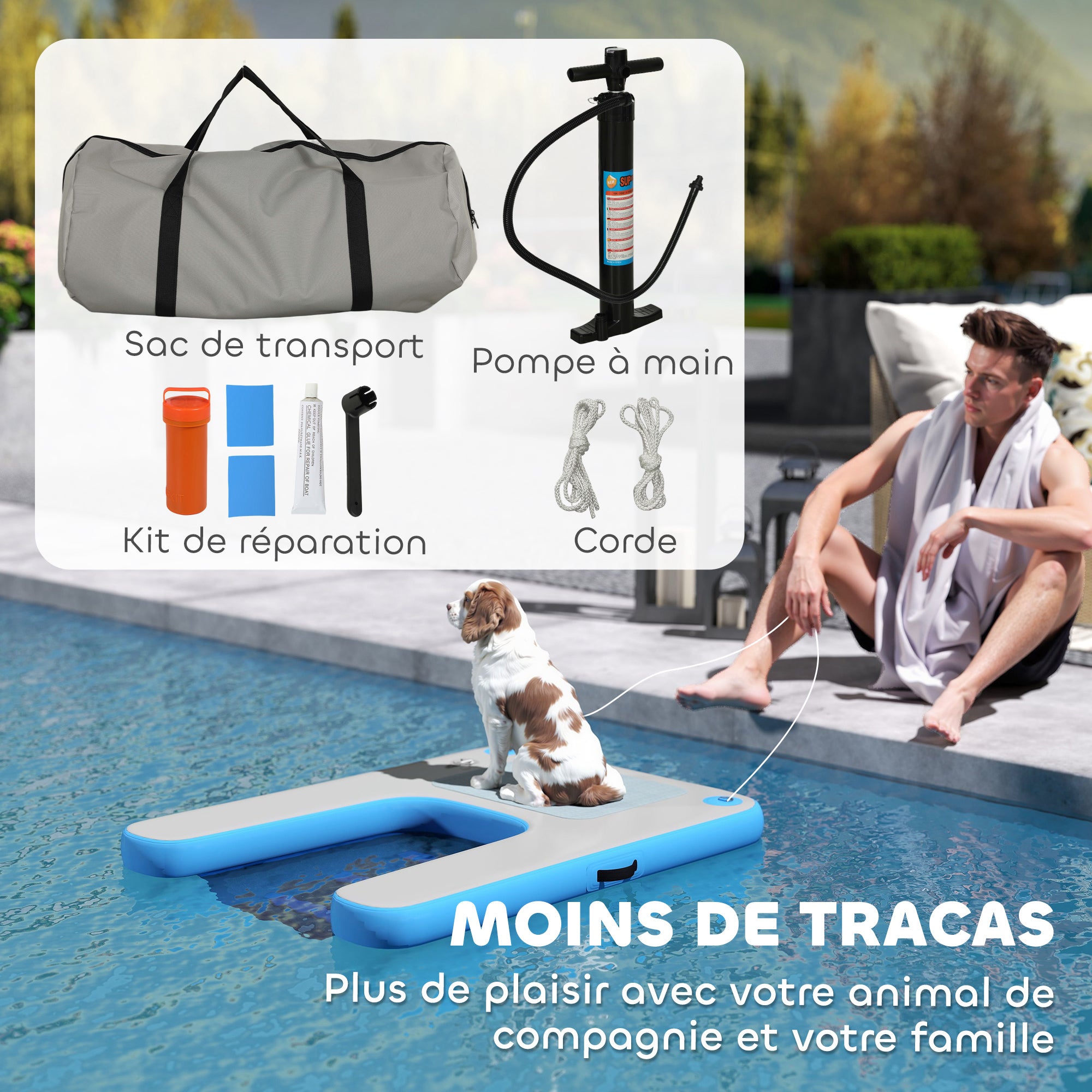 Inflatable Dog Raft Ramp, floating water sports platform with non-slip surface, floating ladder for pool, lake, boat, blue and gray