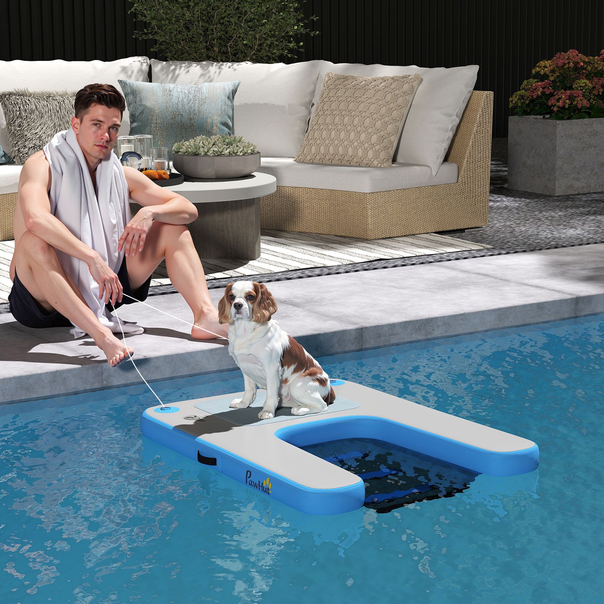 Inflatable Dog Raft Ramp, floating water sports platform with non-slip surface, floating ladder for pool, lake, boat, blue and gray