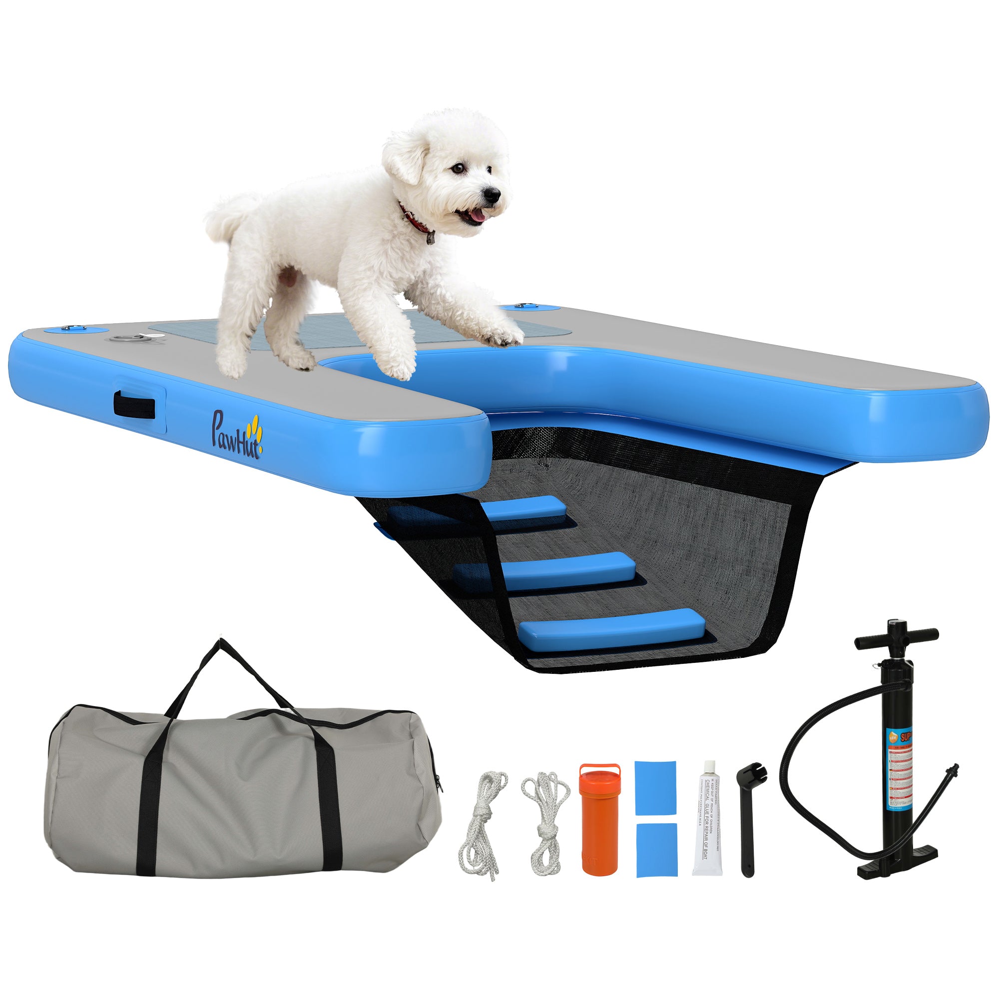 Inflatable Dog Raft Ramp, floating water sports platform with non-slip surface, floating ladder for pool, lake, boat, blue and gray