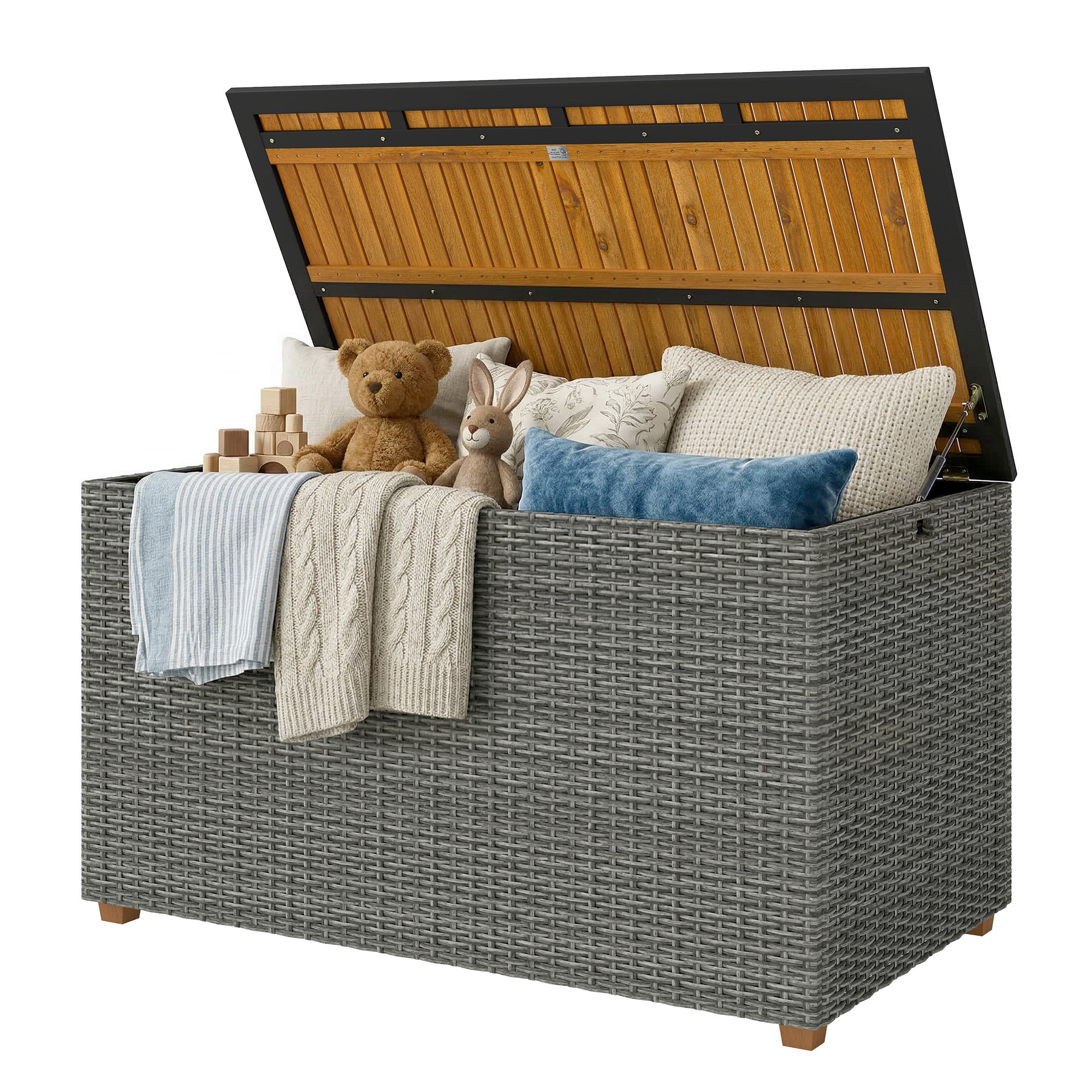 2-in-1 Outdoor Rattan Storage Box 450 L — Waterproof Cushion Box with FSC Acacia Wood Lid, Gas Strut, Lined Interior, UV & Weather Resistant, Dark Gray