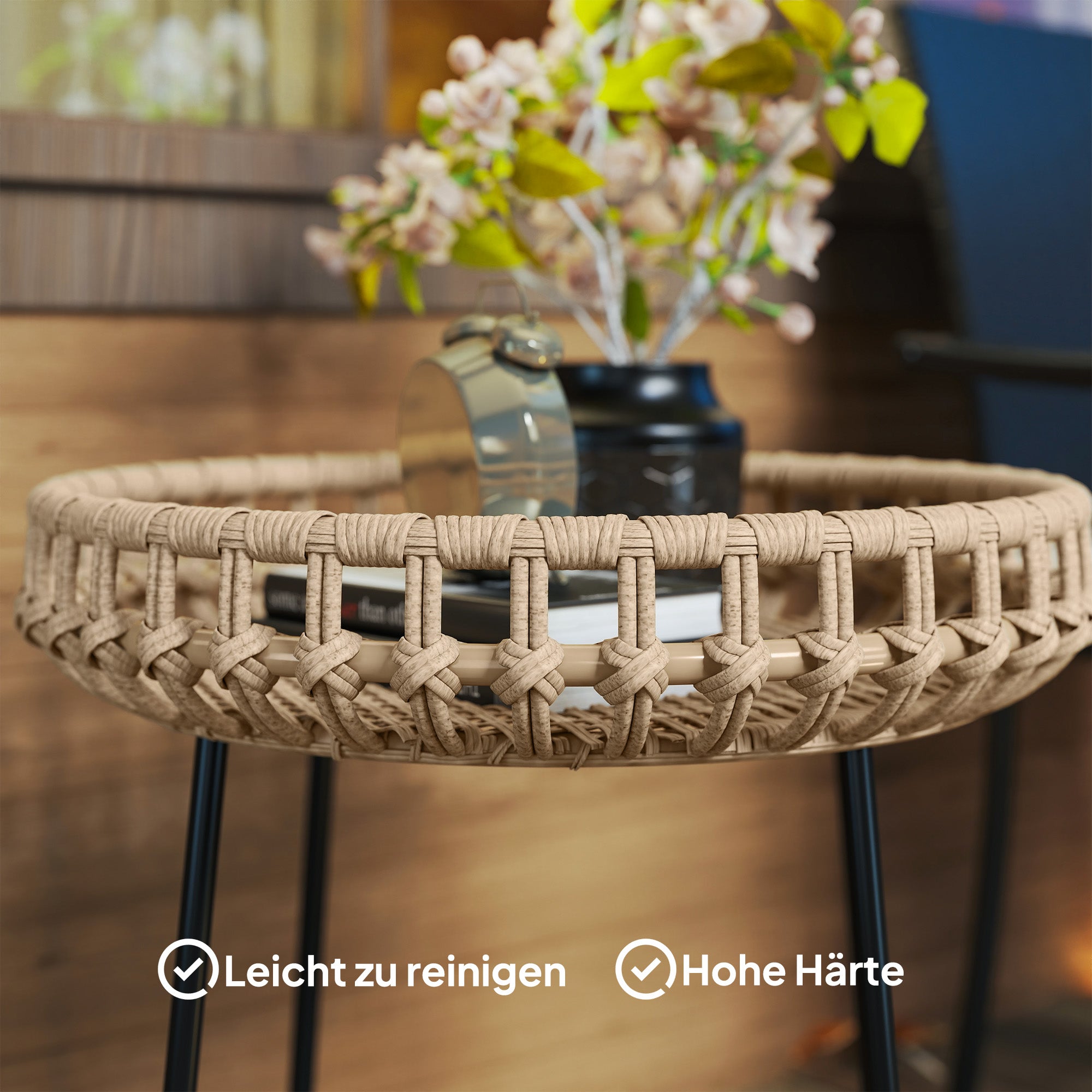 2-piece Side Table Set Polyrattan Ø60/41 cm round weatherproof Garden Table with X-Legs Adjustable Foot Pads Outdoor Balcony Table Coffee Table Garden Furniture for Garden, Balcony Brown