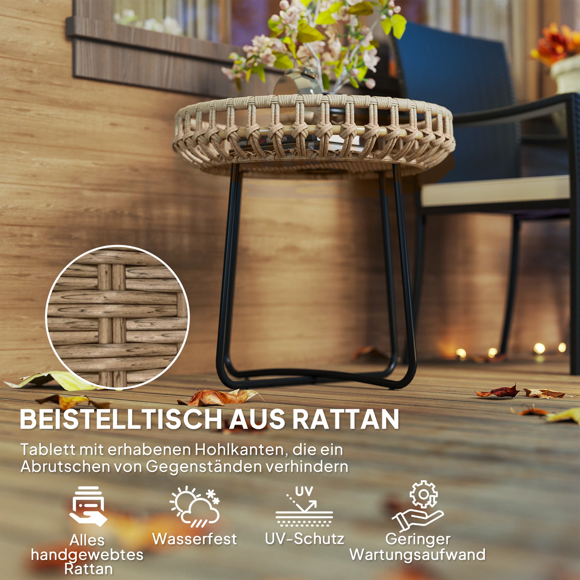 2-piece Side Table Set Polyrattan Ø60/41 cm round weatherproof Garden Table with X-Legs Adjustable Foot Pads Outdoor Balcony Table Coffee Table Garden Furniture for Garden, Balcony Brown