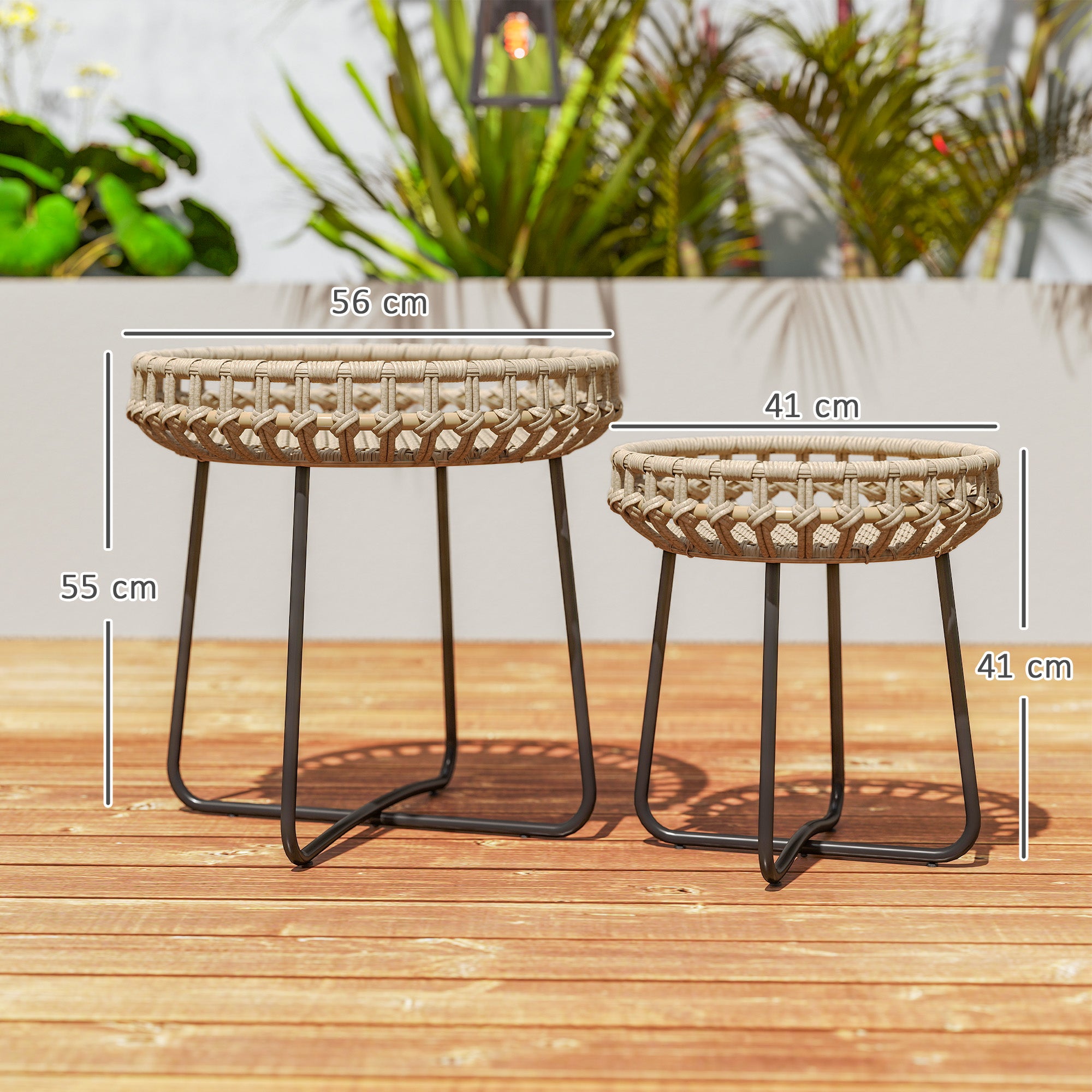 2-piece Side Table Set Polyrattan Ø60/41 cm round weatherproof Garden Table with X-Legs Adjustable Foot Pads Outdoor Balcony Table Coffee Table Garden Furniture for Garden, Balcony Brown