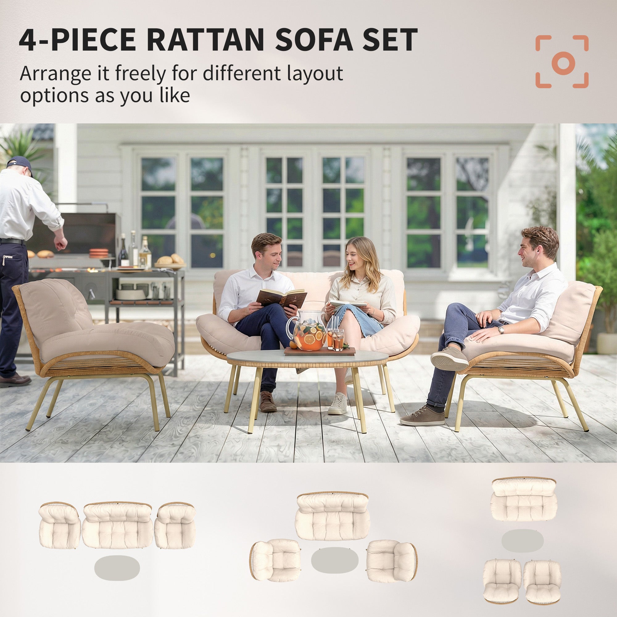 4-Piece Polyrattan Garden Furniture Set – Two-Seater Sofa, 2 Armless Chairs & Oval Table, Deep Seats with Thick Cushions, Plastic Tabletop, Balcony/Patio Seating for 4 — Beige