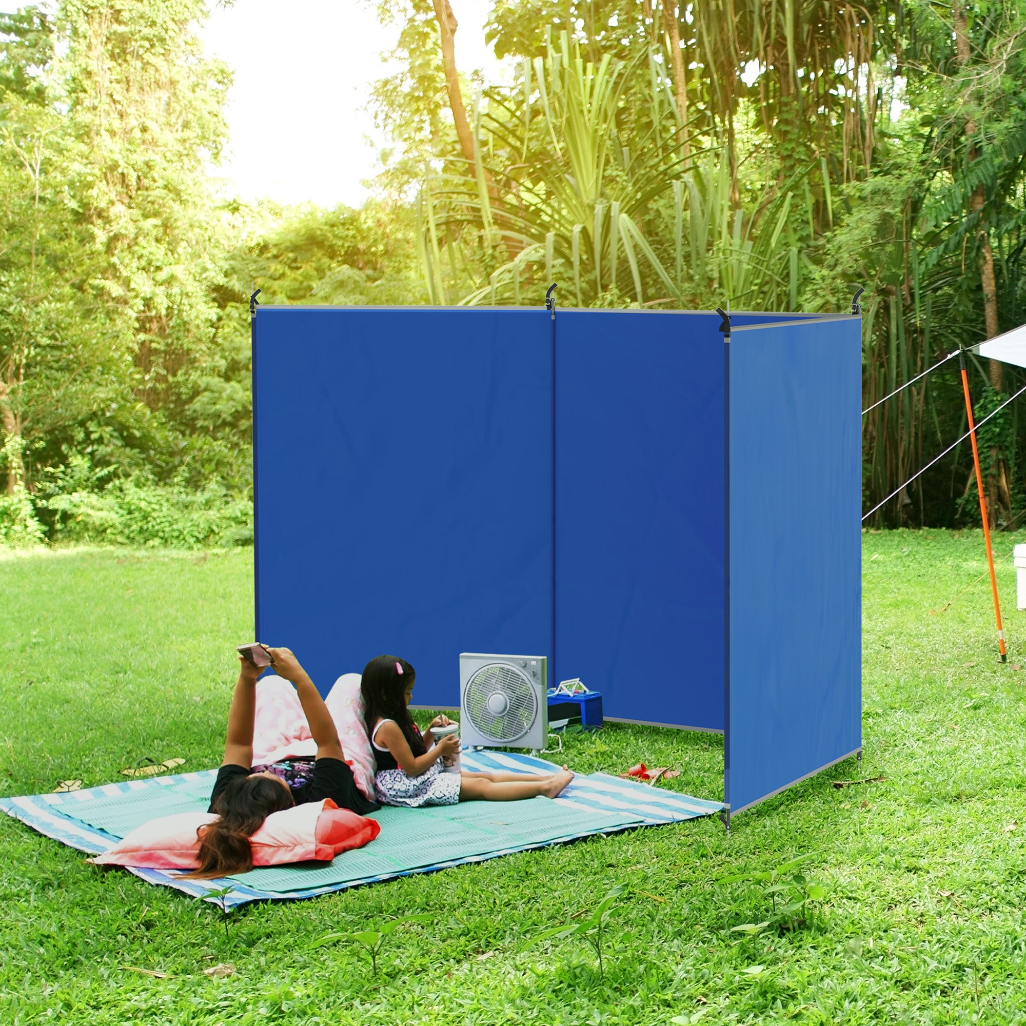 Camping Windbreak, Portable Folding Beach Windscreen with Carry Bag, Camping Windshield with Fixing Straps and Steel Poles, 450 x 150 cm, Blue