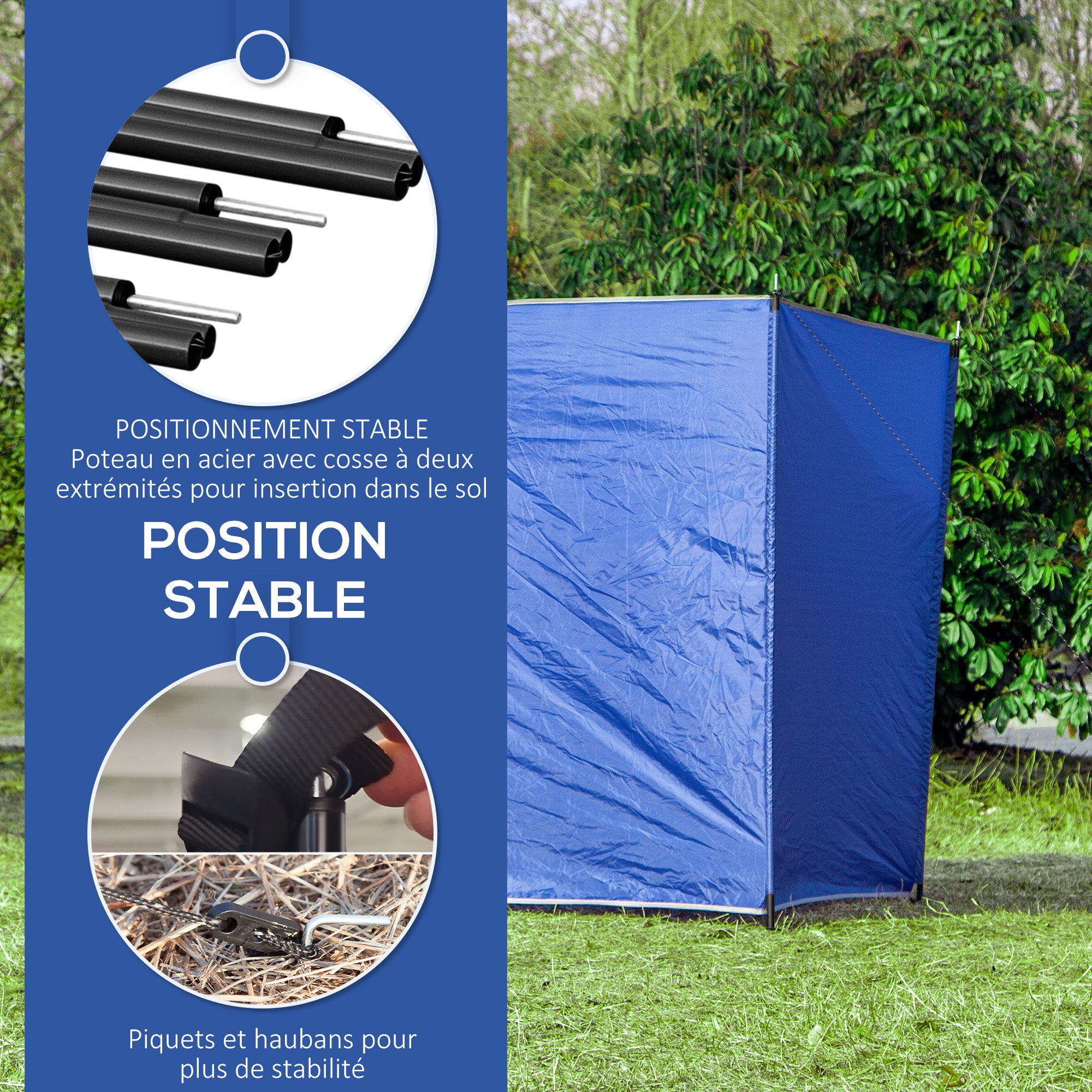Camping Windbreak, Portable Folding Beach Windscreen with Carry Bag, Camping Windshield with Fixing Straps and Steel Poles, 450 x 150 cm, Blue