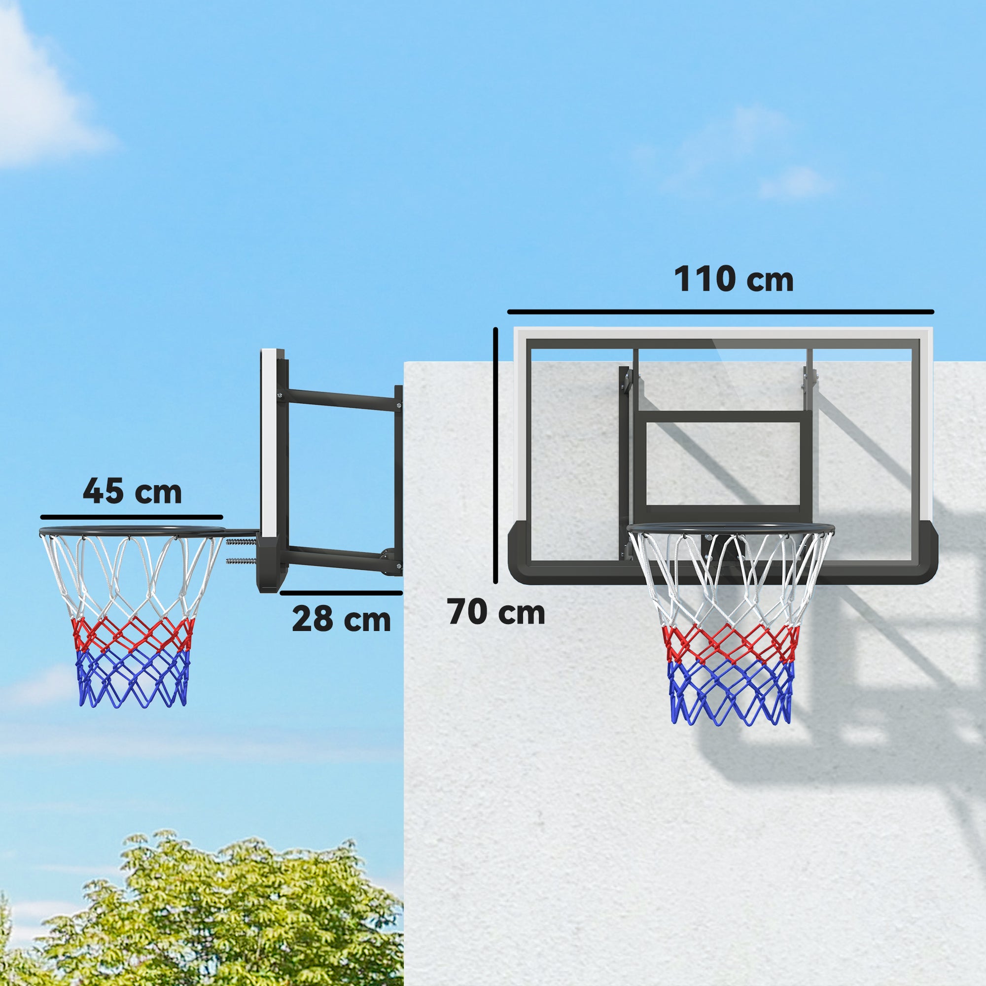 SPORTNOW Basketball Hoop with Backboard, Indoor & Outdoor, Basketball Board with Ø45 cm Steel Hoop and Net, Wall Mounted, Basketball Board for Kids Teenagers Adults, Black