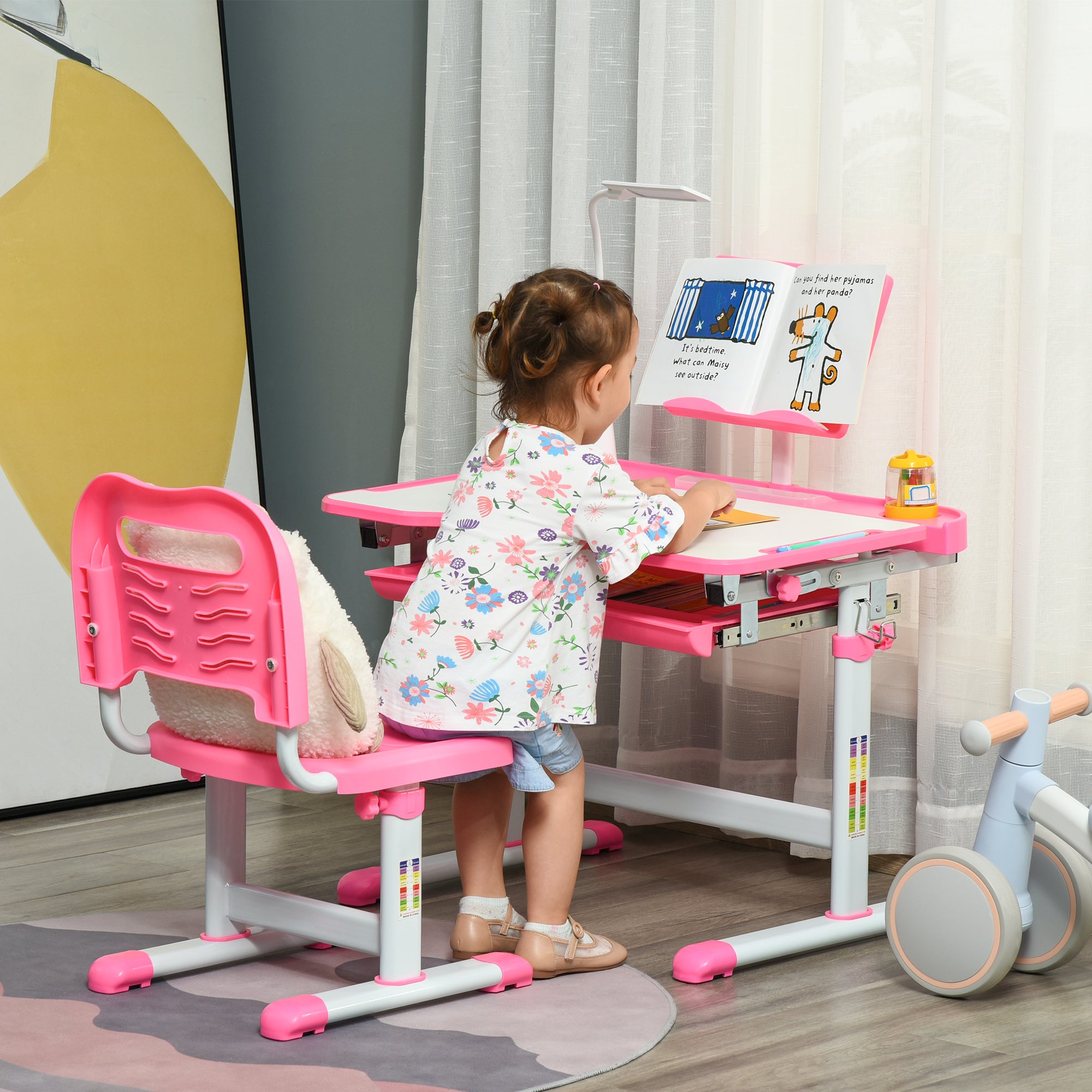 Kids Desk and Chair Set for +6 Years Height Adjustable Children Desk with Tilting Desk Lamp Drawer and Bookshelf Pink