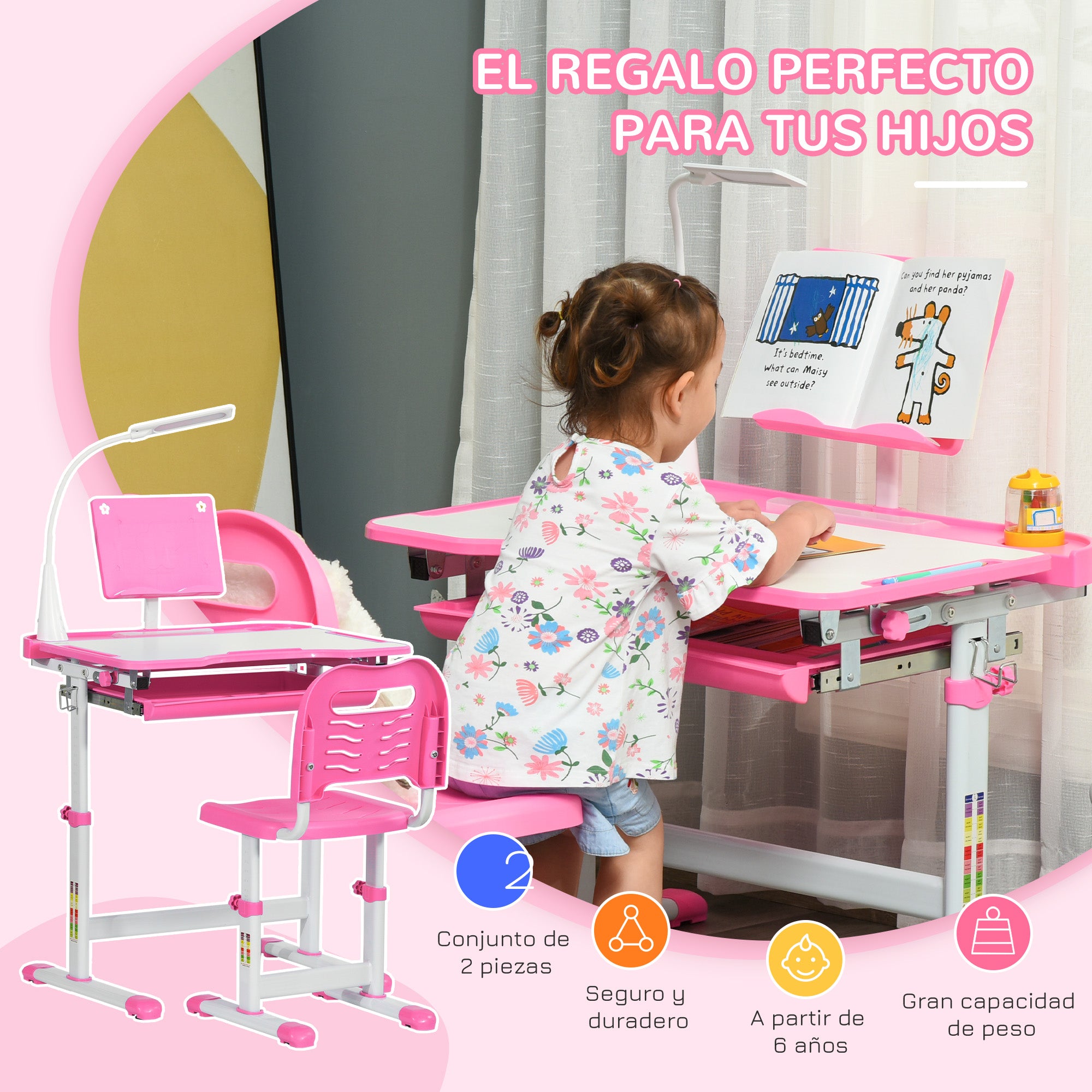 Kids Desk and Chair Set for +6 Years Height Adjustable Children Desk with Tilting Desk Lamp Drawer and Bookshelf Pink