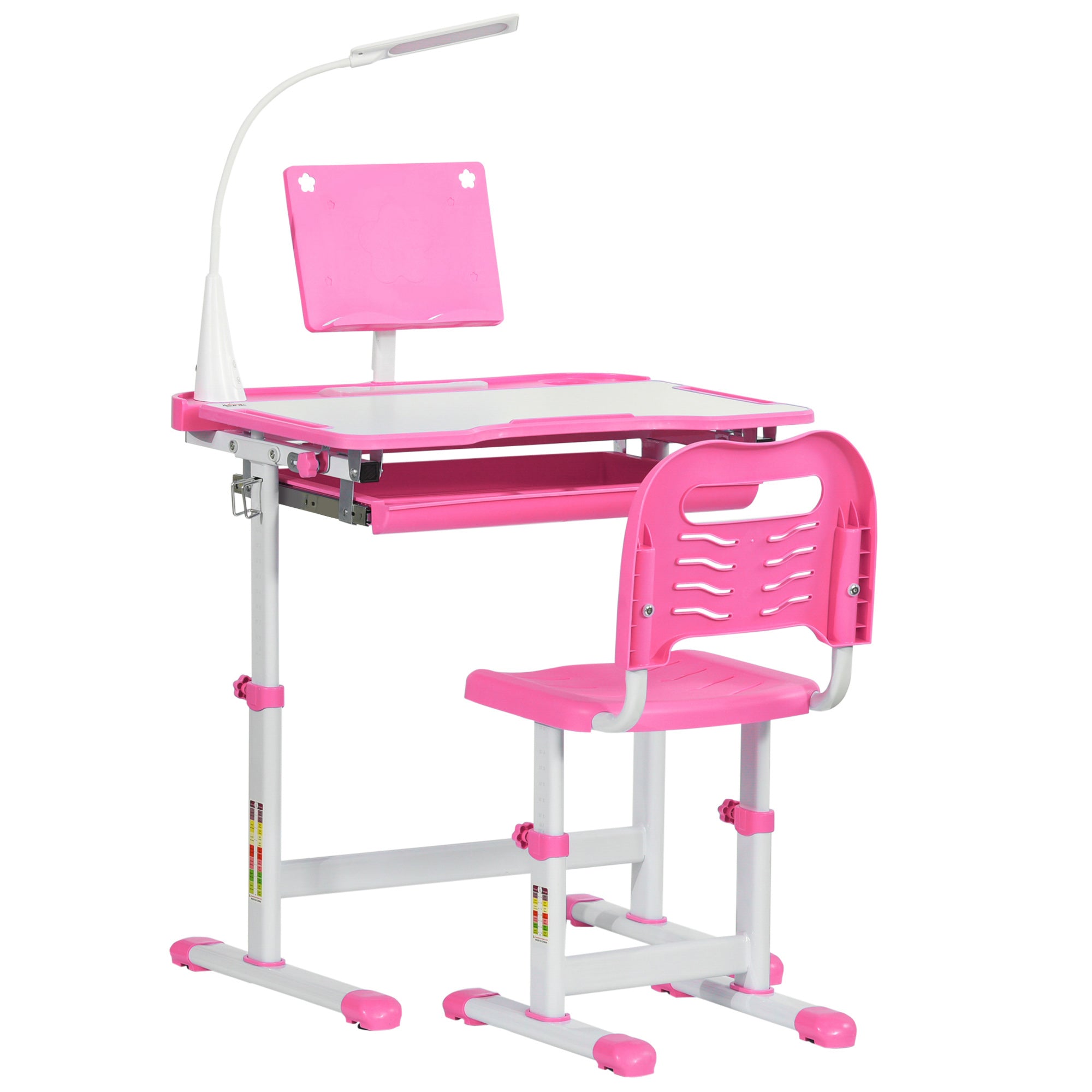 Kids Desk and Chair Set for +6 Years Height Adjustable Children Desk with Tilting Desk Lamp Drawer and Bookshelf Pink