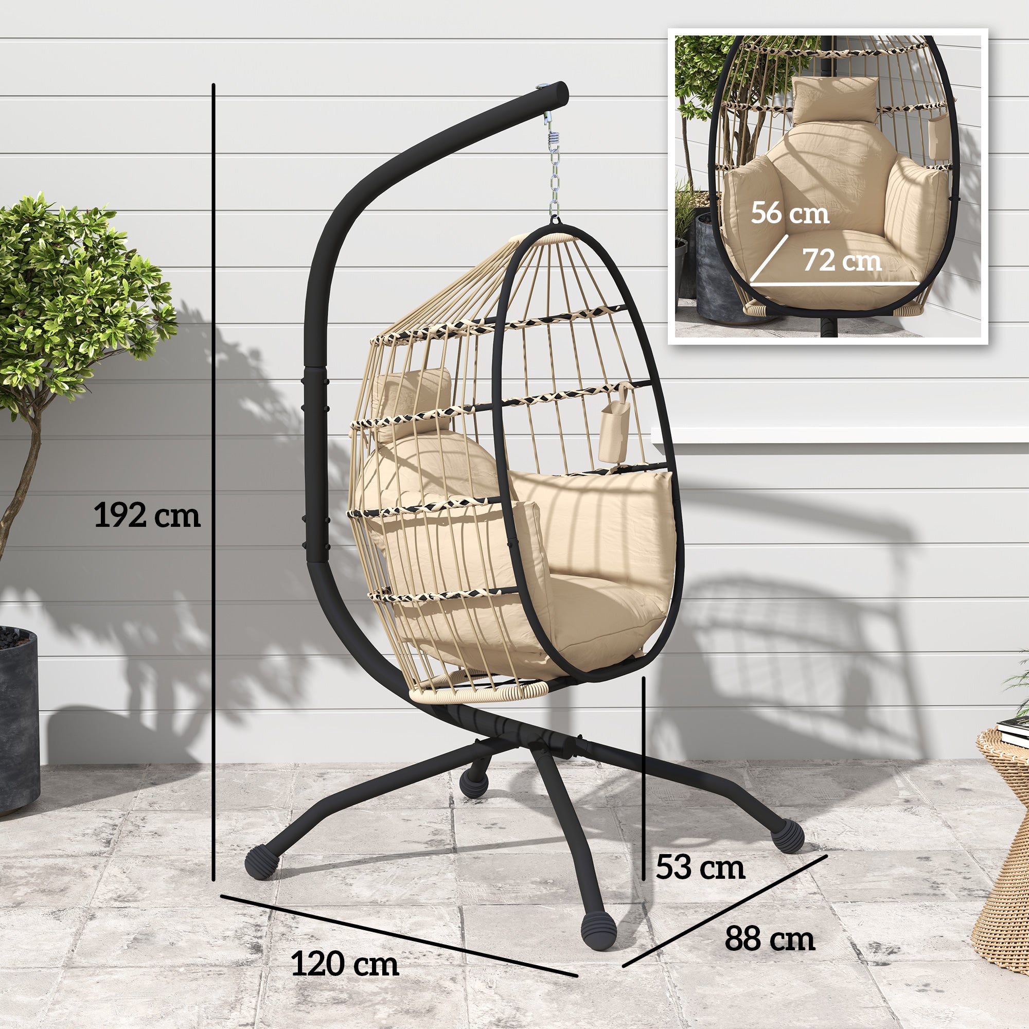 Hanging Chair, Hanging Egg Chair, Hammock Swing Chair - Foldable Basket, Padded Cushion, Cup Holder, Pillow, for Indoor and Outdoor, Khaki