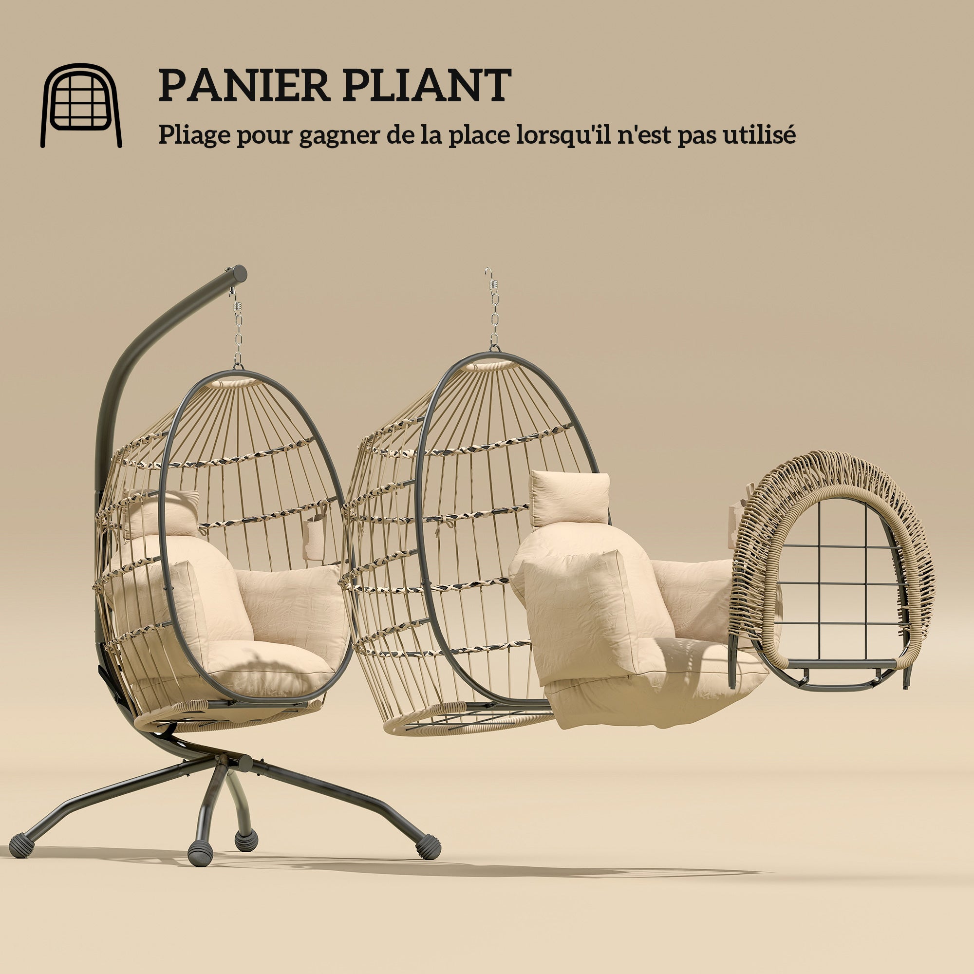 Hanging Chair, Hanging Egg Chair, Hammock Swing Chair - Foldable Basket, Padded Cushion, Cup Holder, Pillow, for Indoor and Outdoor, Khaki