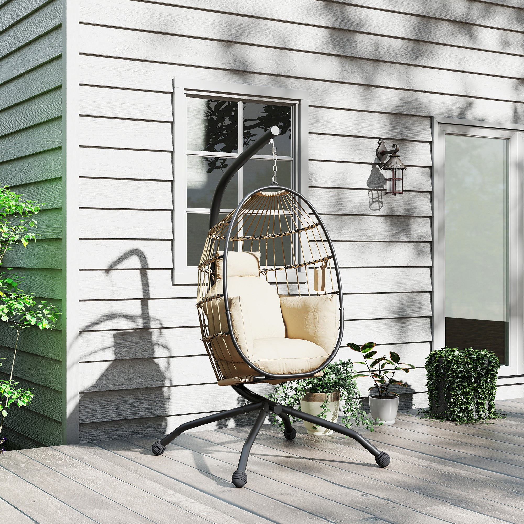 Hanging Chair, Hanging Egg Chair, Hammock Swing Chair - Foldable Basket, Padded Cushion, Cup Holder, Pillow, for Indoor and Outdoor, Khaki