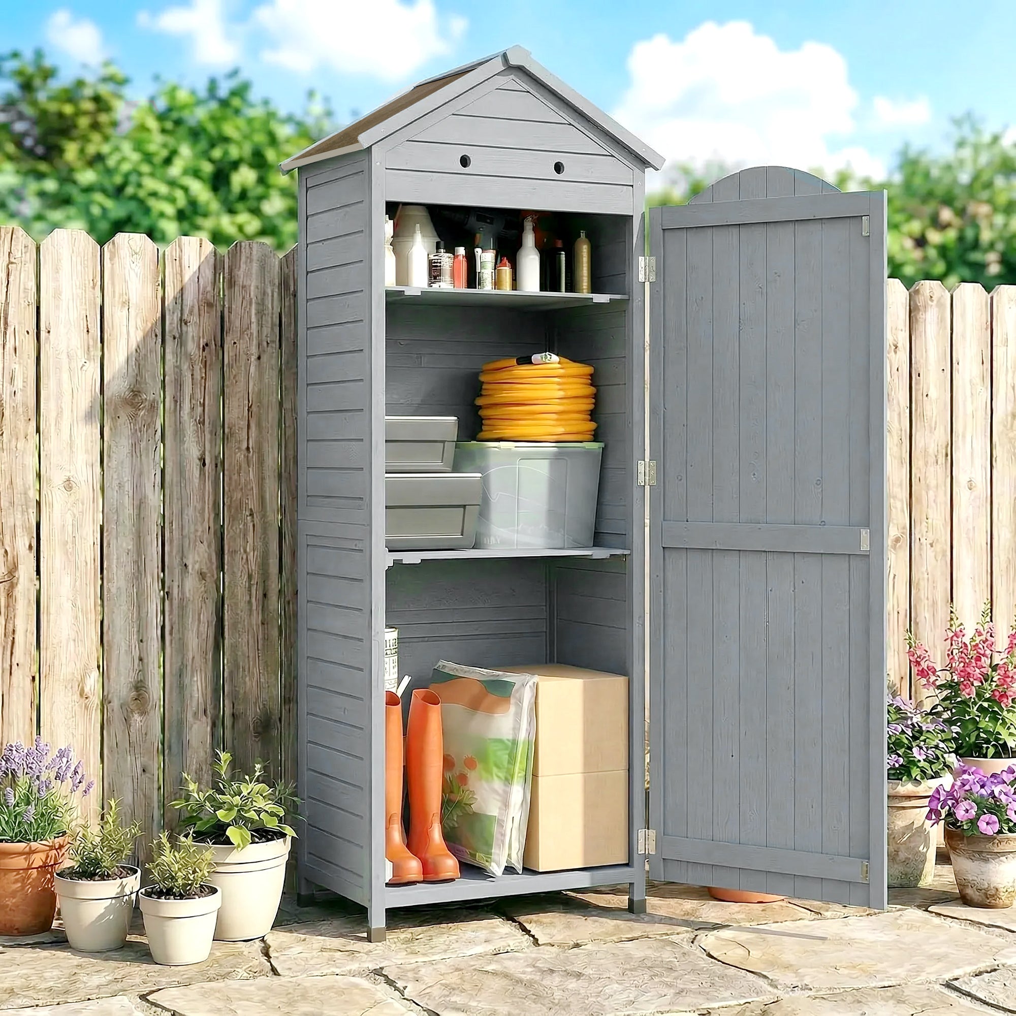 Extra-Tall Wooden Garden Storage Shed with Adjustable Shelves, Magnetic Door, Galvanized Roof, Ventilation & Anti-Tip Kit, 85 x 58 x 213 cm (33.5 x 22.8 x 84 in) – Gray