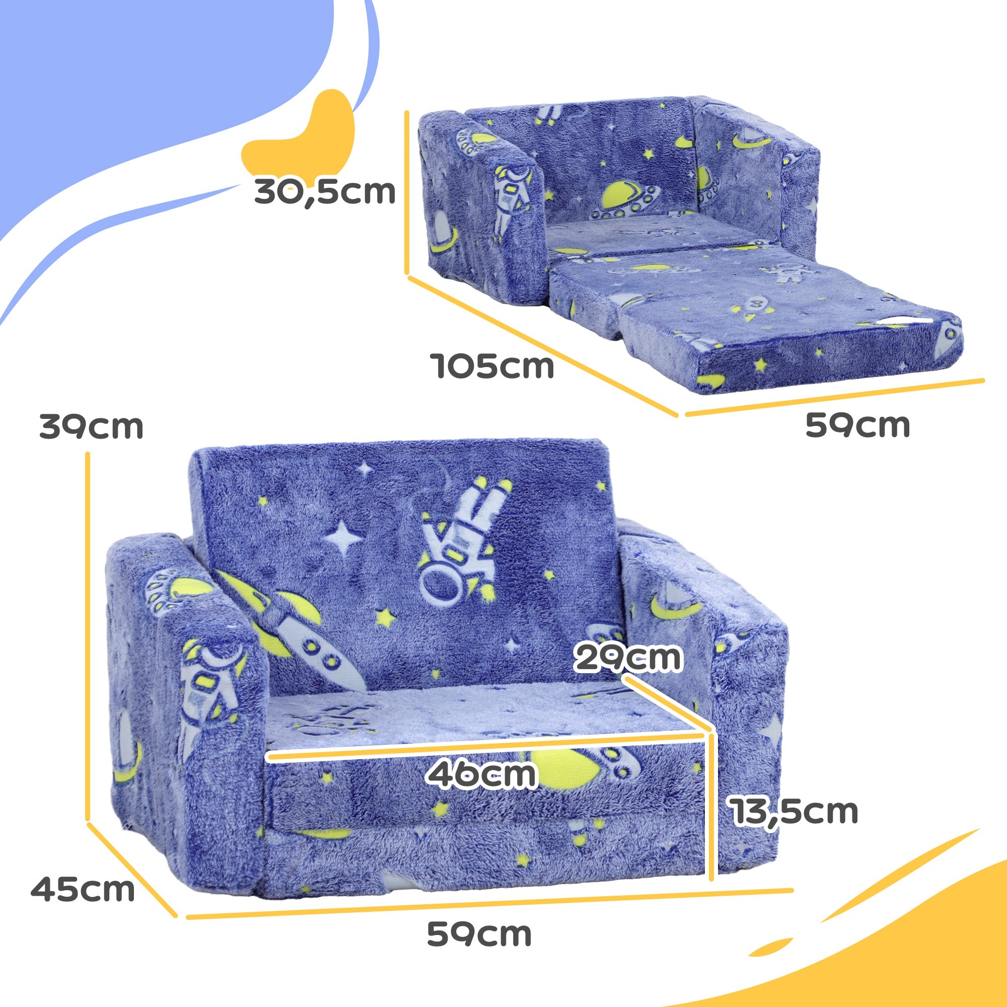 Foldable Children's Armchair Kids Reclining Sofa 2 in 1 Sofa for Babies Luminous Fabric Upholstered Washable Cushion and Cover for Bedroom Living Room Blue
