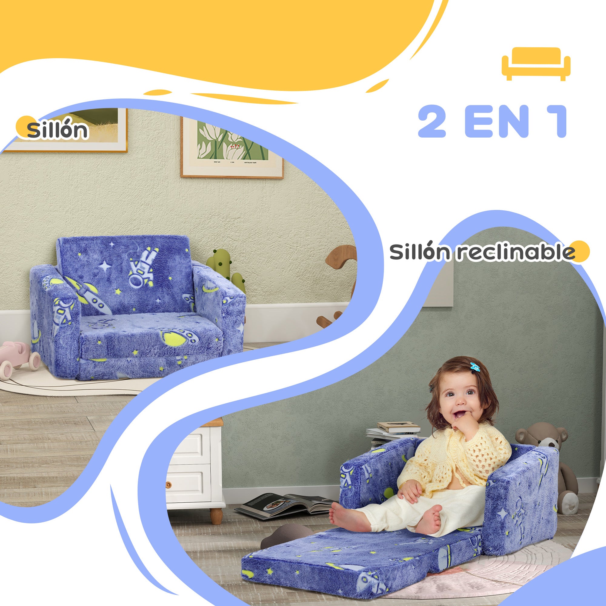 Foldable Children's Armchair Kids Reclining Sofa 2 in 1 Sofa for Babies Luminous Fabric Upholstered Washable Cushion and Cover for Bedroom Living Room Blue