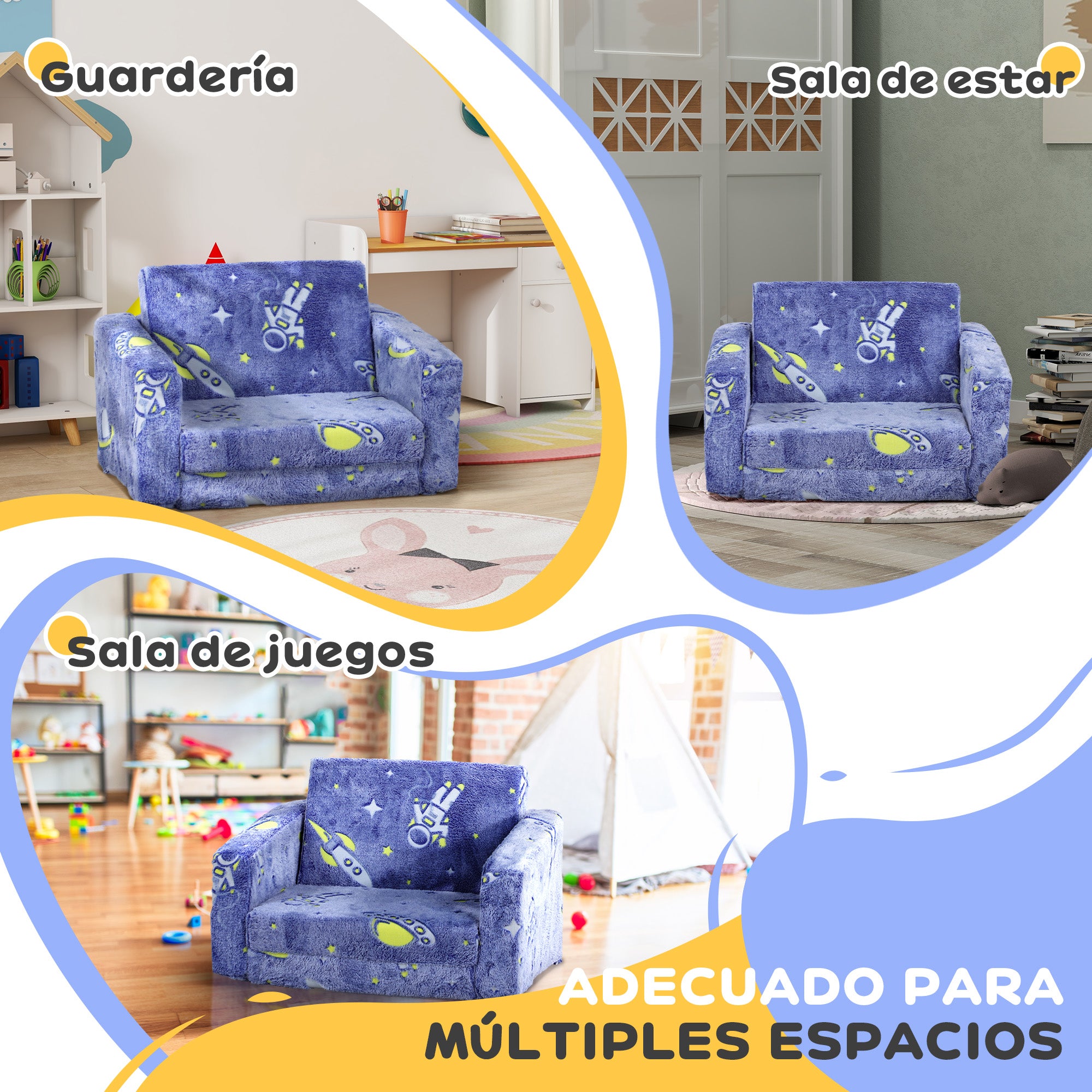 Foldable Children's Armchair Kids Reclining Sofa 2 in 1 Sofa for Babies Luminous Fabric Upholstered Washable Cushion and Cover for Bedroom Living Room Blue