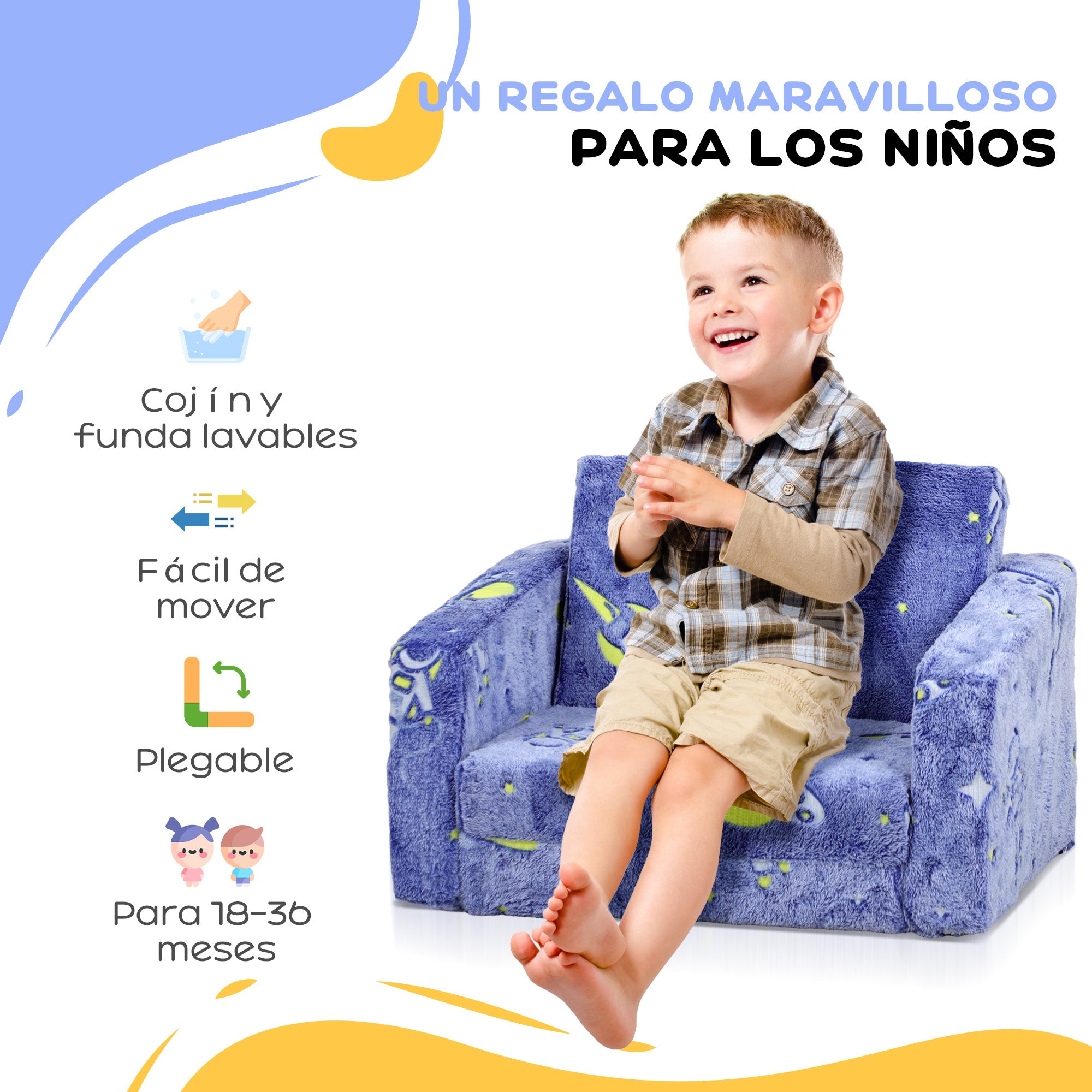Foldable Children's Armchair Kids Reclining Sofa 2 in 1 Sofa for Babies Luminous Fabric Upholstered Washable Cushion and Cover for Bedroom Living Room Blue