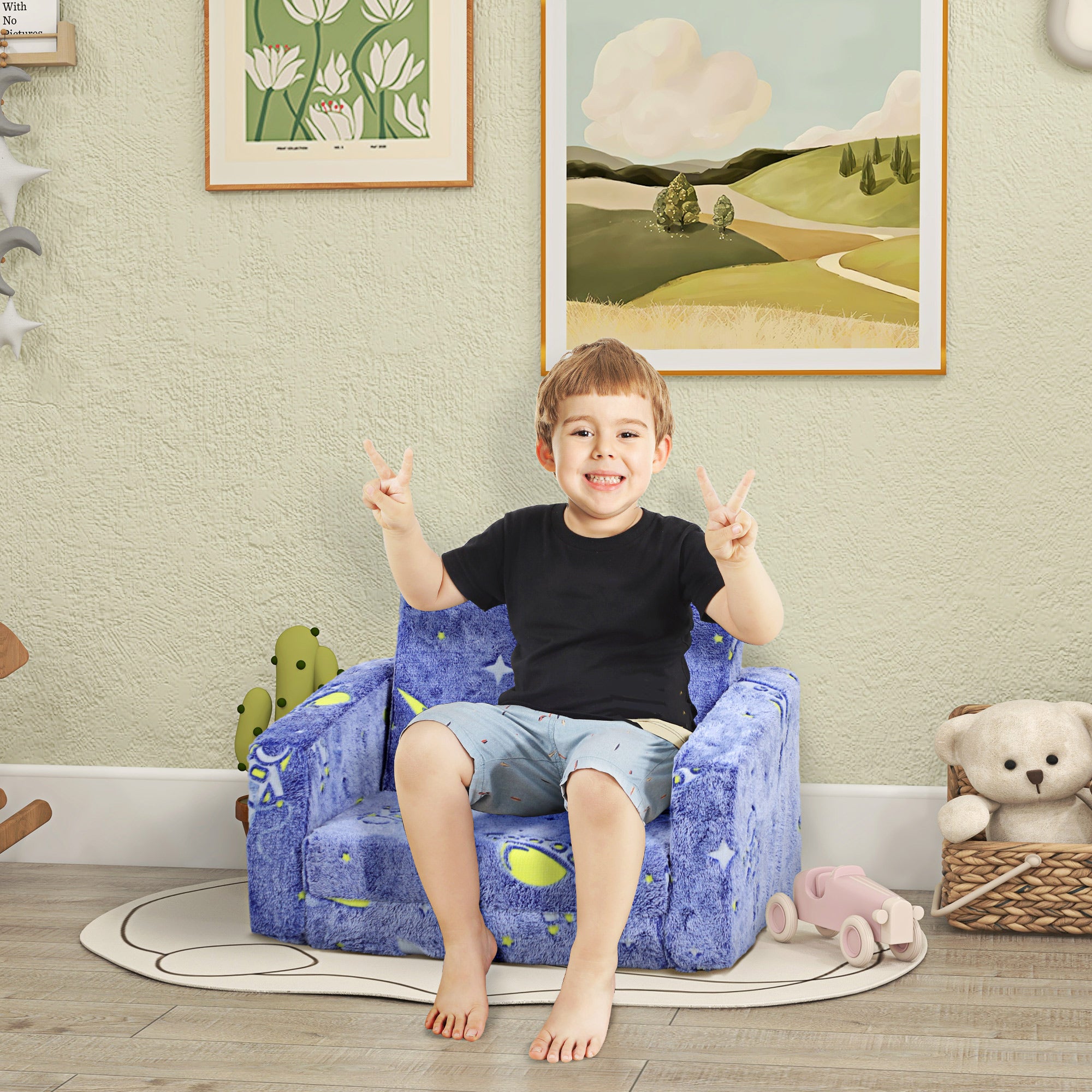 Foldable Children's Armchair Kids Reclining Sofa 2 in 1 Sofa for Babies Luminous Fabric Upholstered Washable Cushion and Cover for Bedroom Living Room Blue