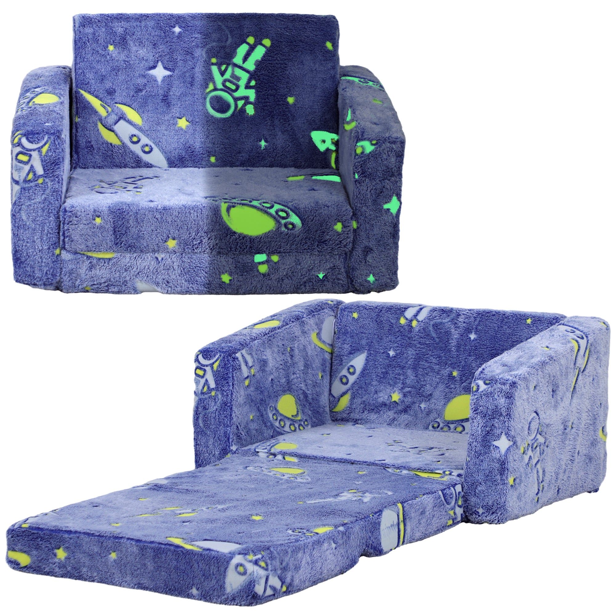 Foldable Children's Armchair Kids Reclining Sofa 2 in 1 Sofa for Babies Luminous Fabric Upholstered Washable Cushion and Cover for Bedroom Living Room Blue