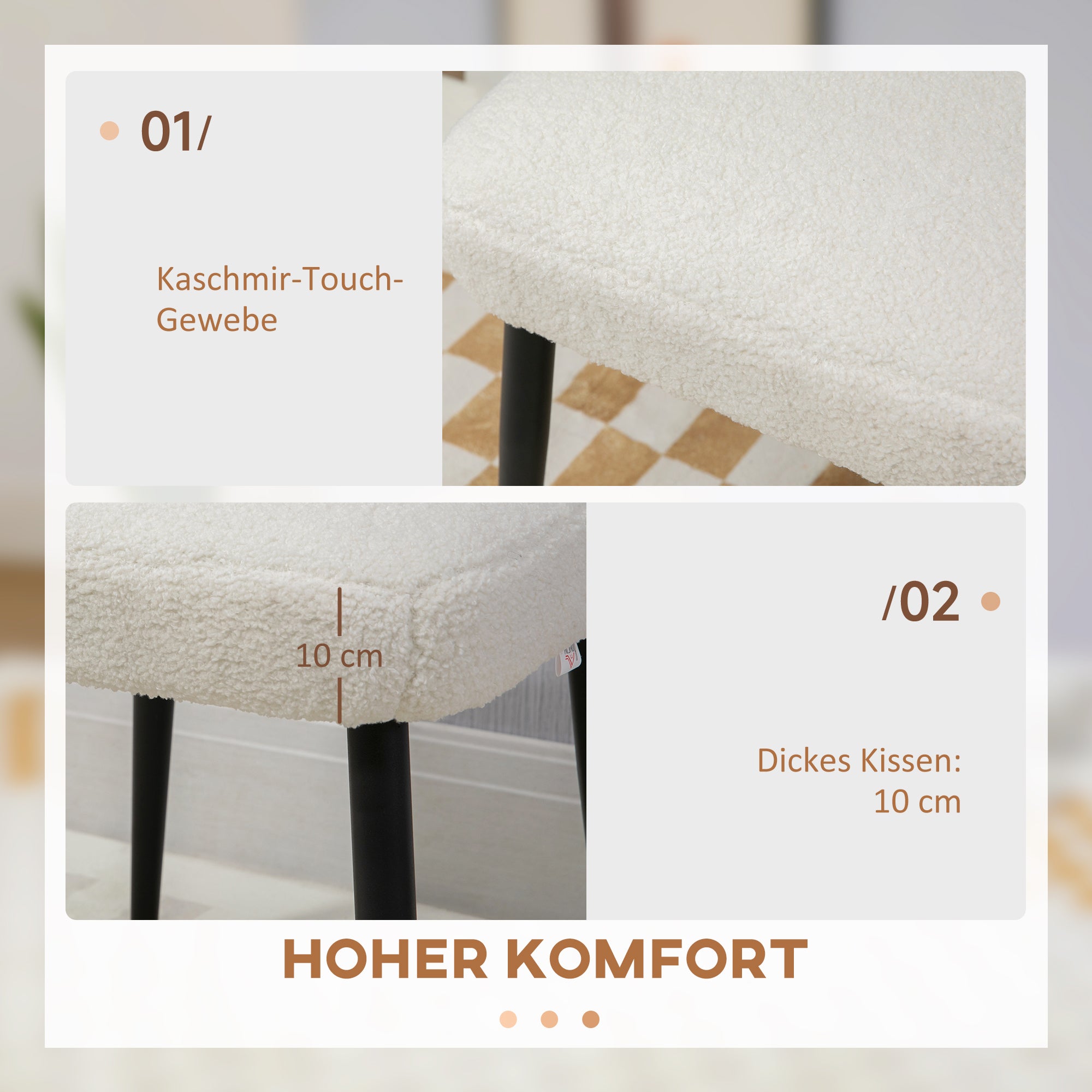 Footstool Seat Stool Square Vanity Stool Footrest with Cashmere-look, Steel Legs, for Living Room, Bedroom, Cream White, 42 x 42 x 47 cm