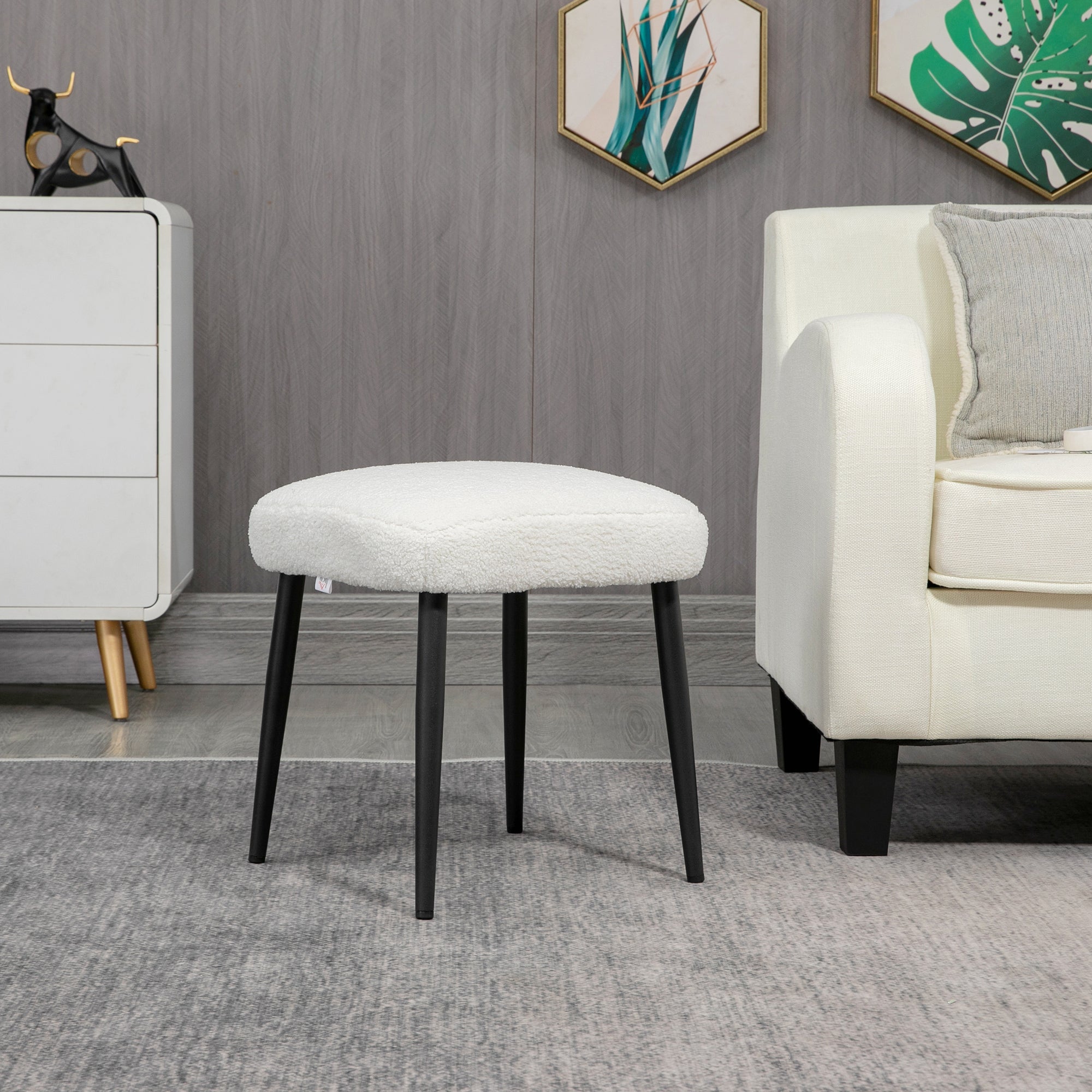 Footstool Seat Stool Square Vanity Stool Footrest with Cashmere-look, Steel Legs, for Living Room, Bedroom, Cream White, 42 x 42 x 47 cm