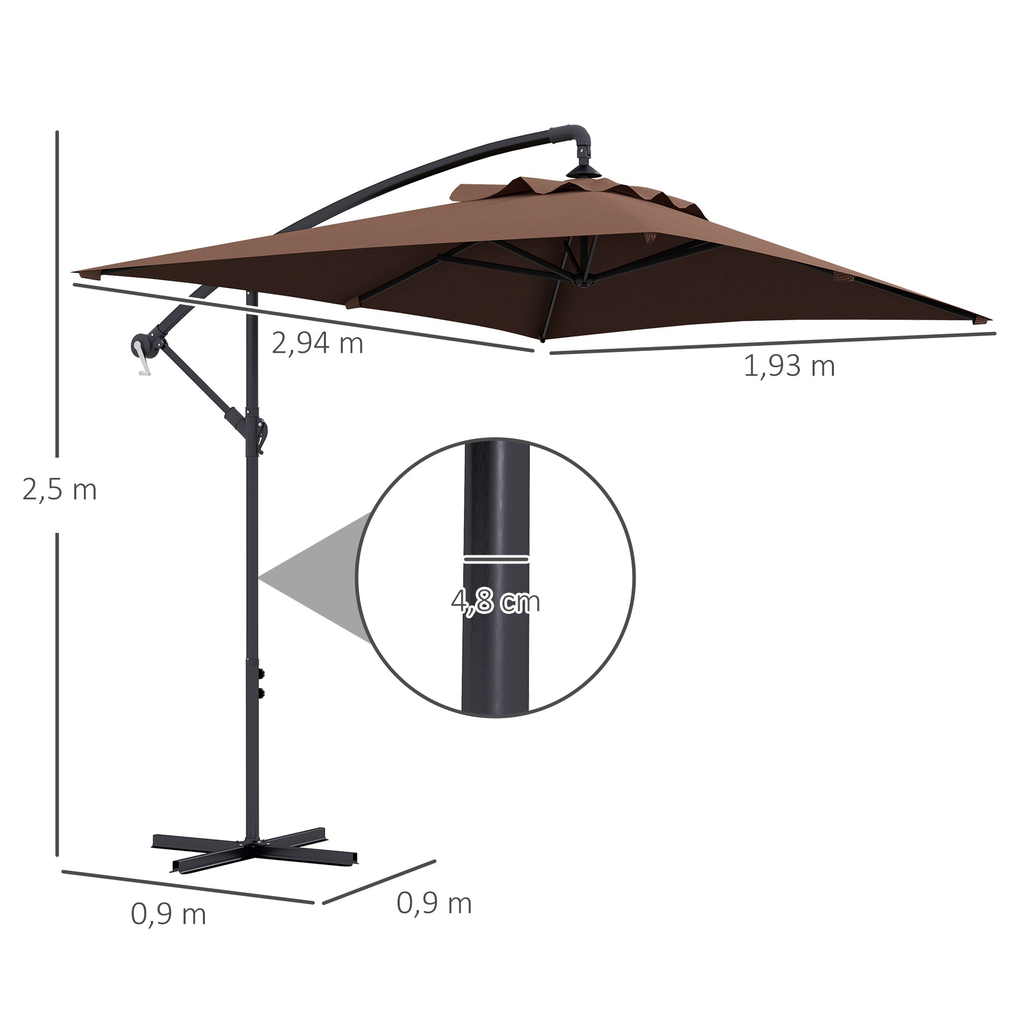 Offset Umbrella 294x193 cm Garden Umbrella with Cross Base and Crank Waterproof UV Protection Umbrella for Terrace Patio Brown