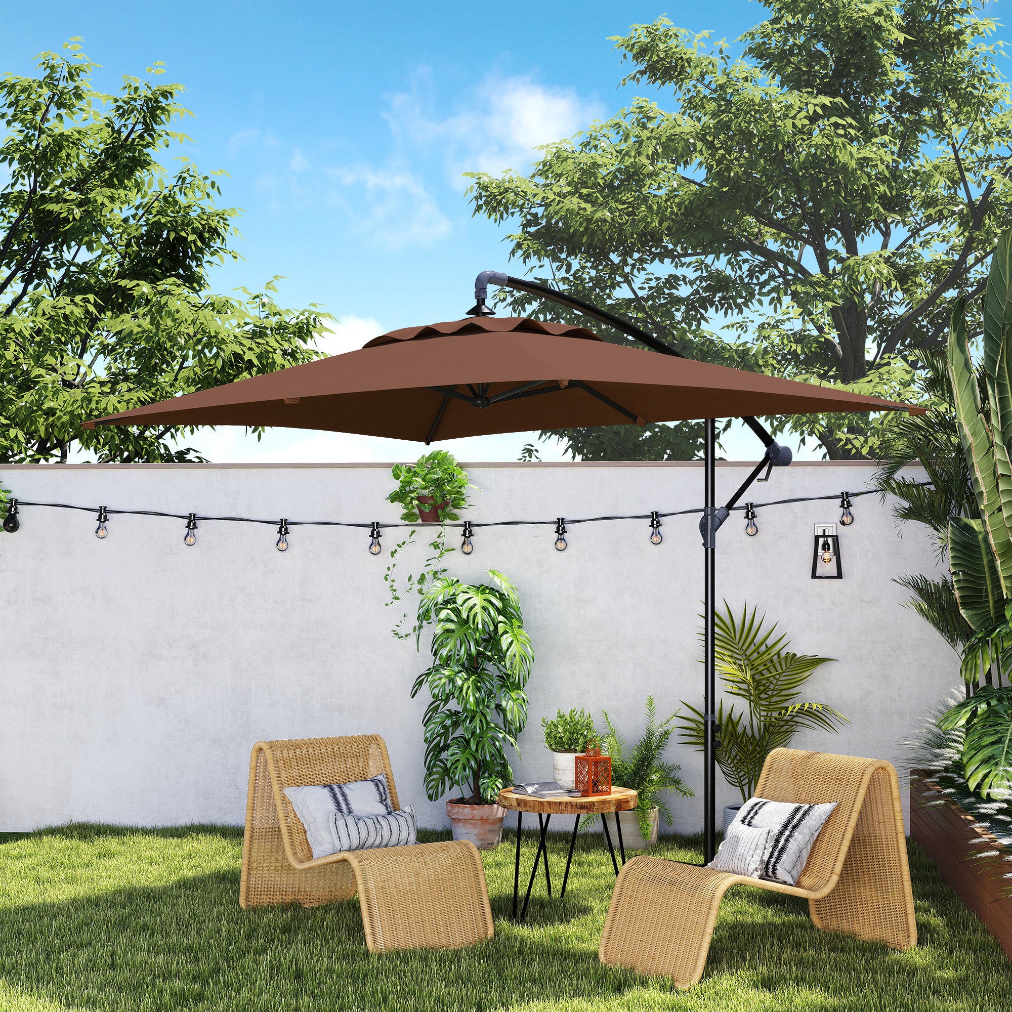 Offset Umbrella 294x193 cm Garden Umbrella with Cross Base and Crank Waterproof UV Protection Umbrella for Terrace Patio Brown