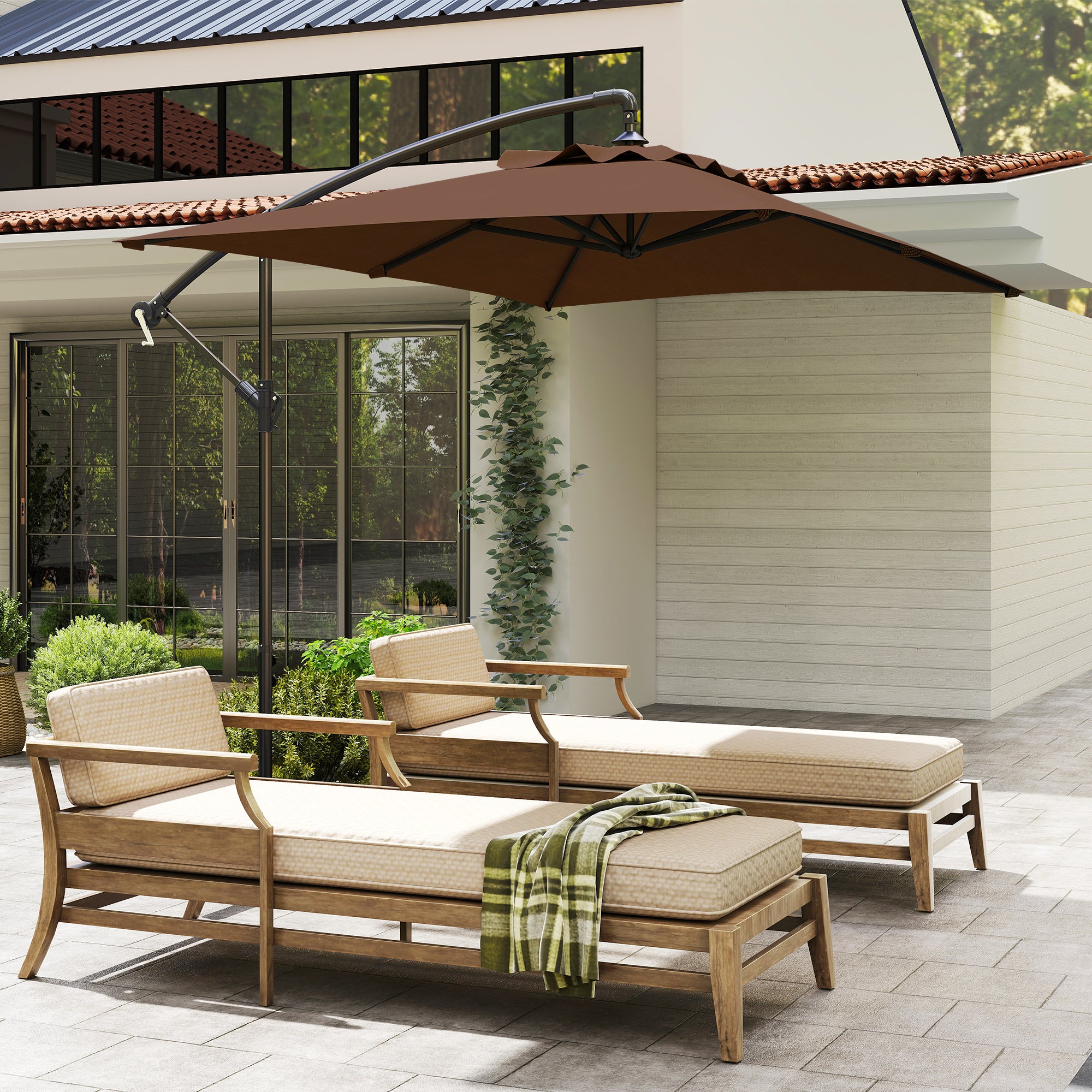Offset Umbrella 294x193 cm Garden Umbrella with Cross Base and Crank Waterproof UV Protection Umbrella for Terrace Patio Brown