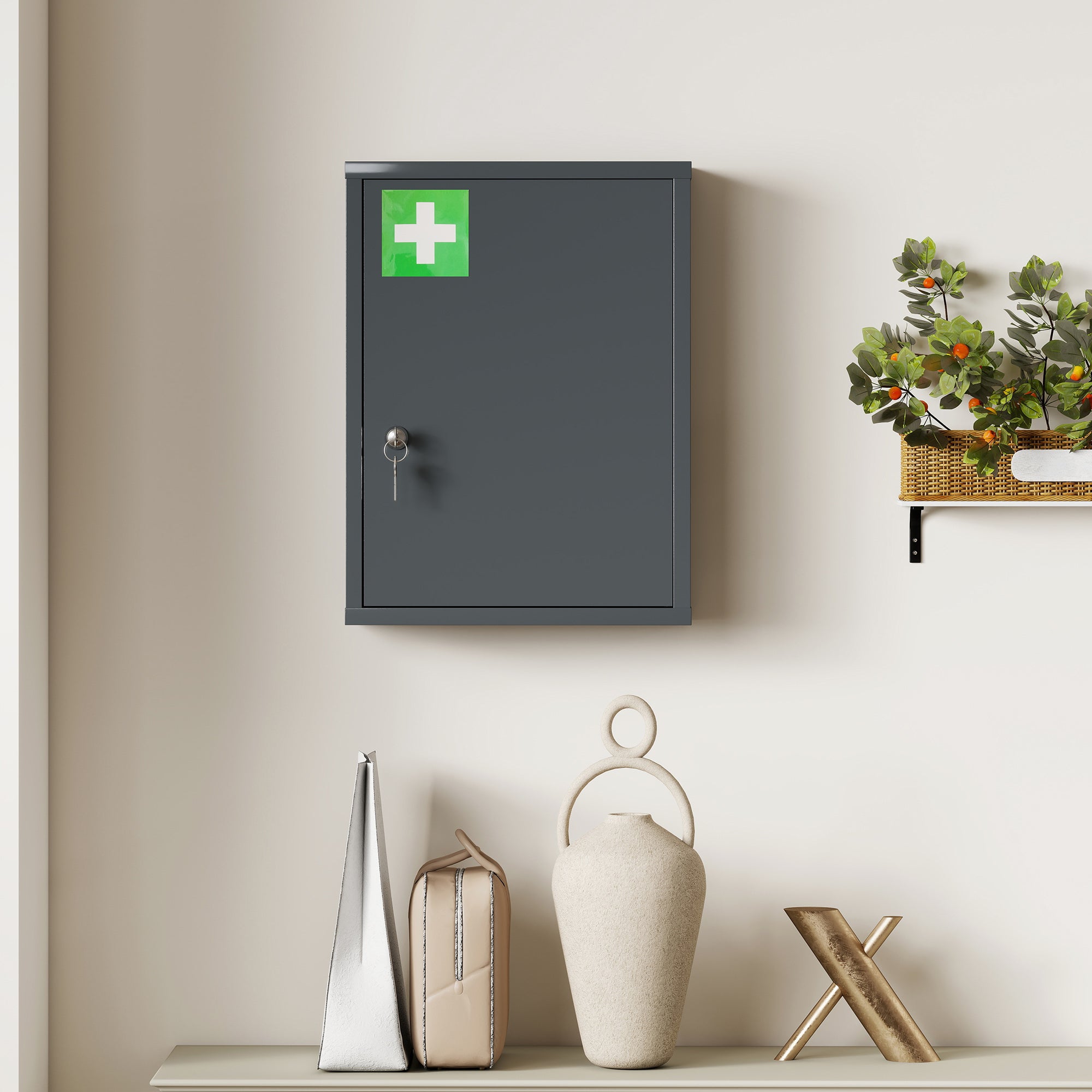 Lockable Medicine Cabinet — 3-Shelf Wall-Mount First Aid Cabinet with 2 Keys, Cold-Rolled Steel, Charcoal — 15.7 x 5.9 x 21.1 in (40 x 15 x 53.5 cm)