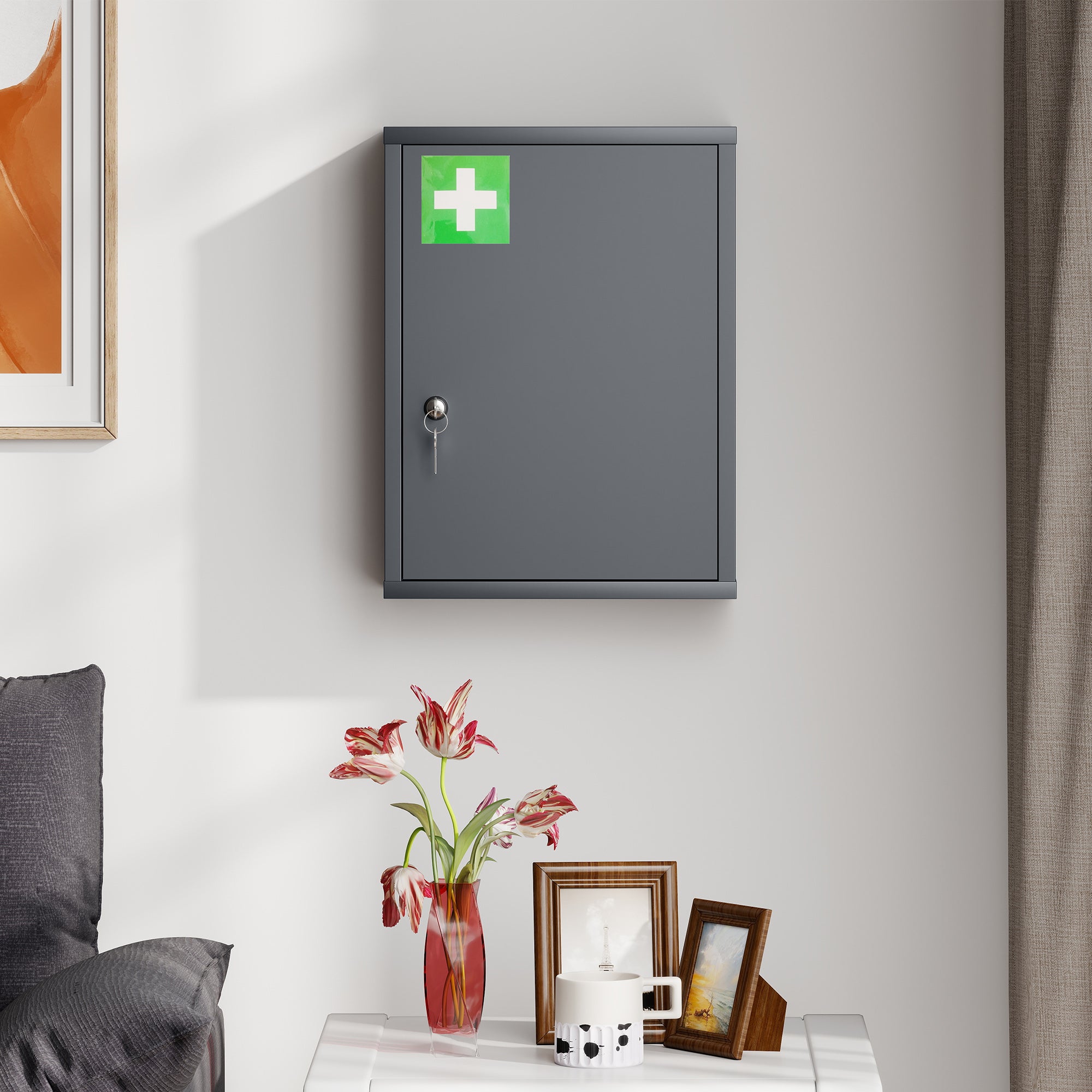 Lockable Medicine Cabinet — 3-Shelf Wall-Mount First Aid Cabinet with 2 Keys, Cold-Rolled Steel, Charcoal — 15.7 x 5.9 x 21.1 in (40 x 15 x 53.5 cm)