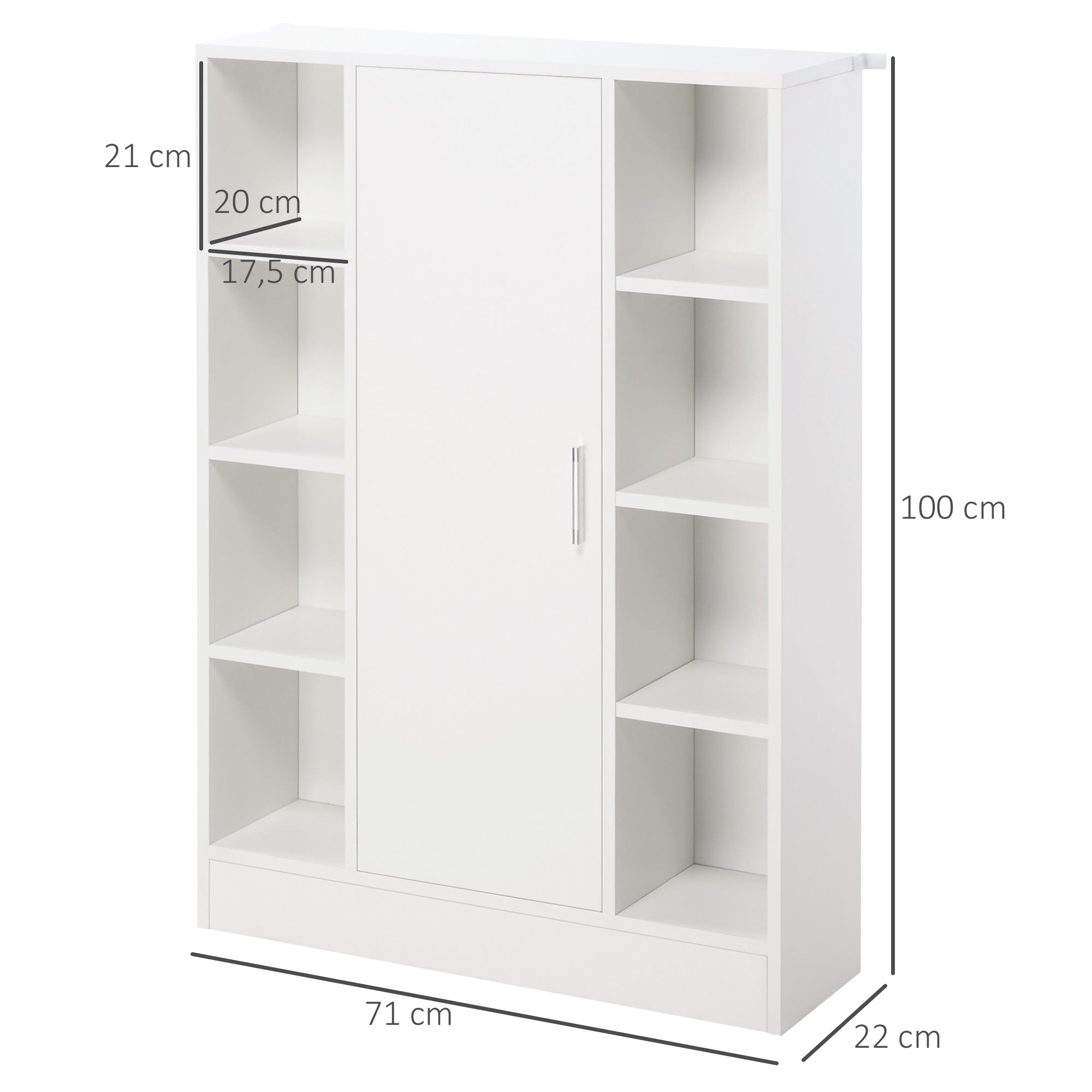 White Wooden Floor Cabinet with 8 Open Compartments and 1 Door with Adjustable Shelves Bathroom Storage Cabinet for Kitchen Living Room 71x22x100 cm