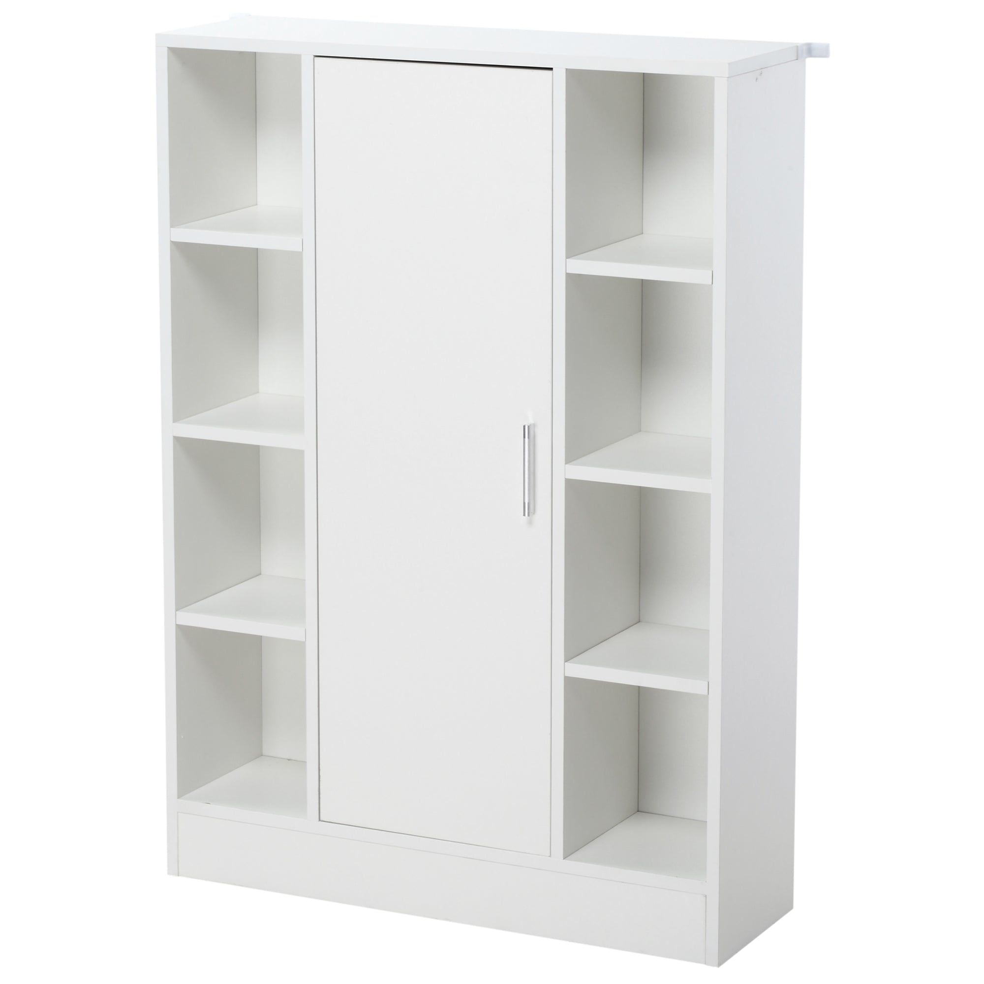 White Wooden Floor Cabinet with 8 Open Compartments and 1 Door with Adjustable Shelves Bathroom Storage Cabinet for Kitchen Living Room 71x22x100 cm