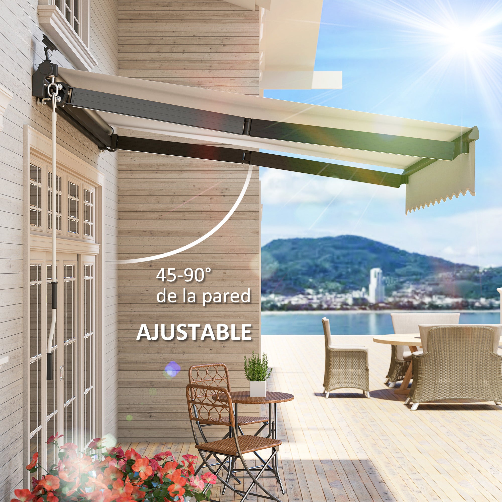 Manual Retractable Awning 3x2.5m with Solar LED Lights Awning for Balcony with Aluminum Crank and UV50+ Protection for Garden Terrace Windows Cream
