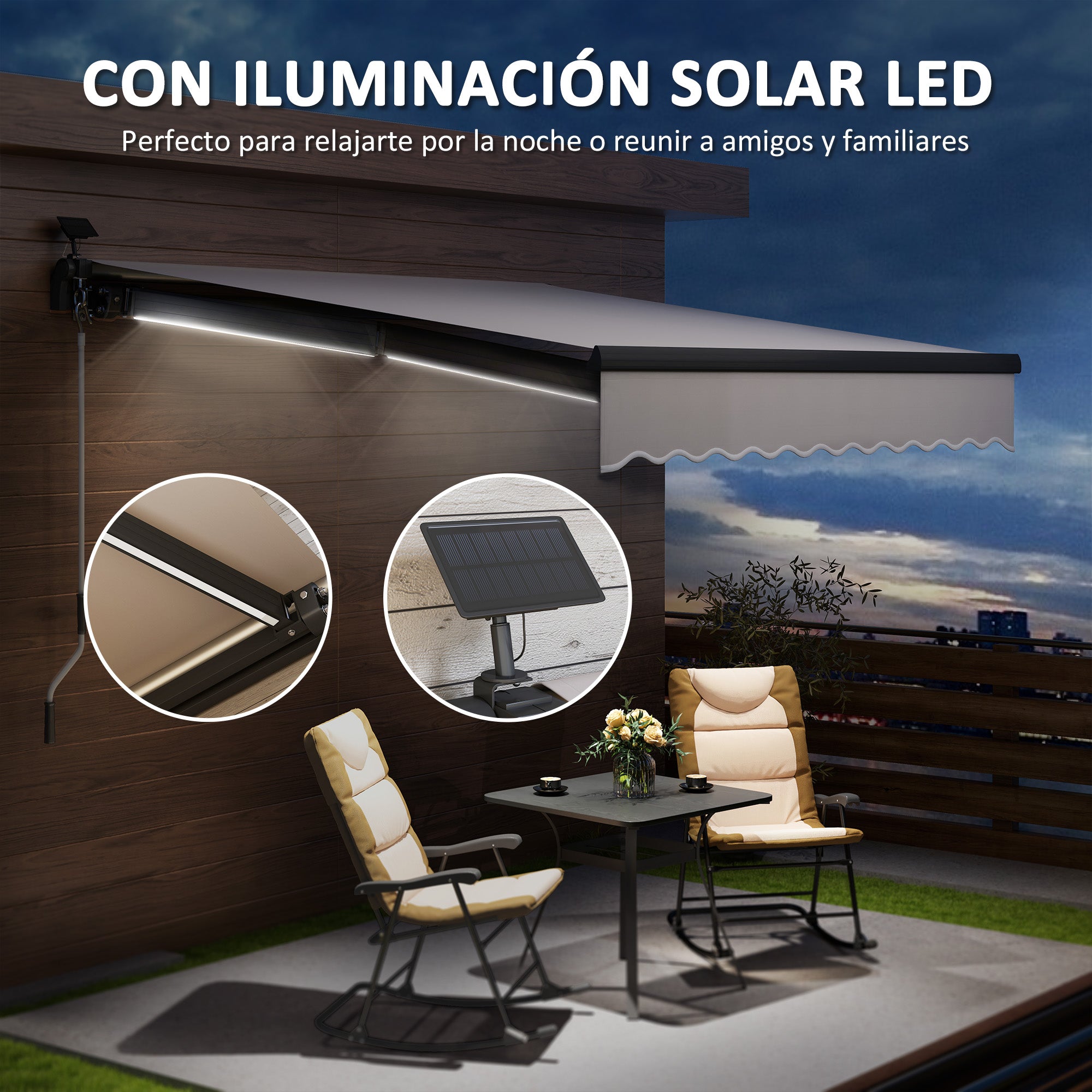 Manual Retractable Awning 3x2.5m with Solar LED Lights Awning for Balcony with Aluminum Crank and UV50+ Protection for Garden Terrace Windows Cream