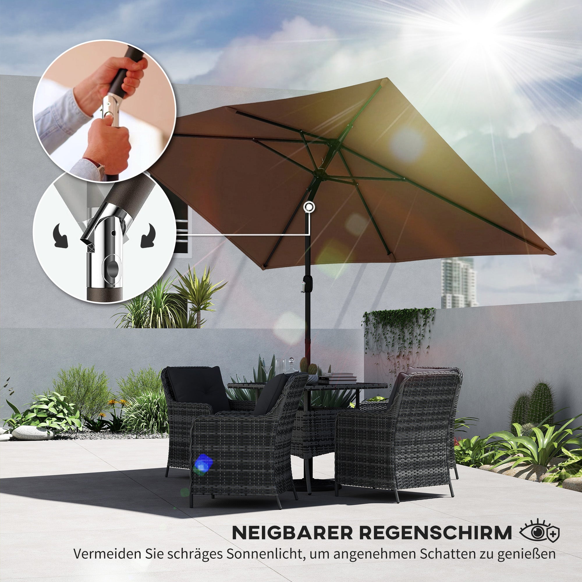 Tilt-Adjustable Rectangular Patio Umbrella 300 x 200 cm with Crank & Cover, UV Protection, Wind-Resistant — Brown