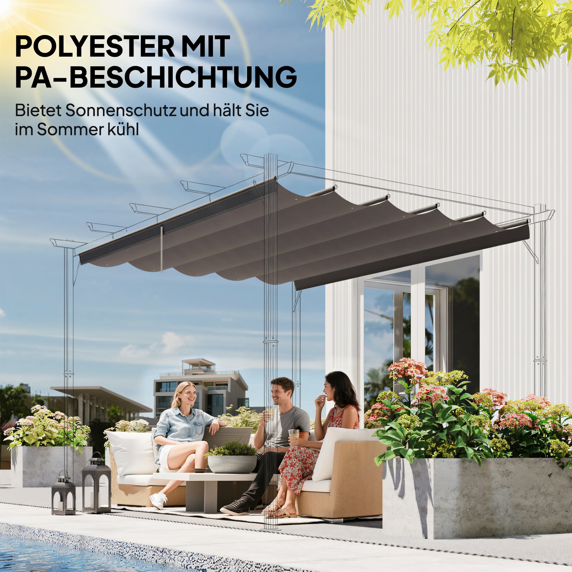 Replacement Canopy for 4 x 3 m Pergola — Waterproof Retractable Wave Shade with Drainage Holes, Cover Only, 350 x 260 cm, Light Gray