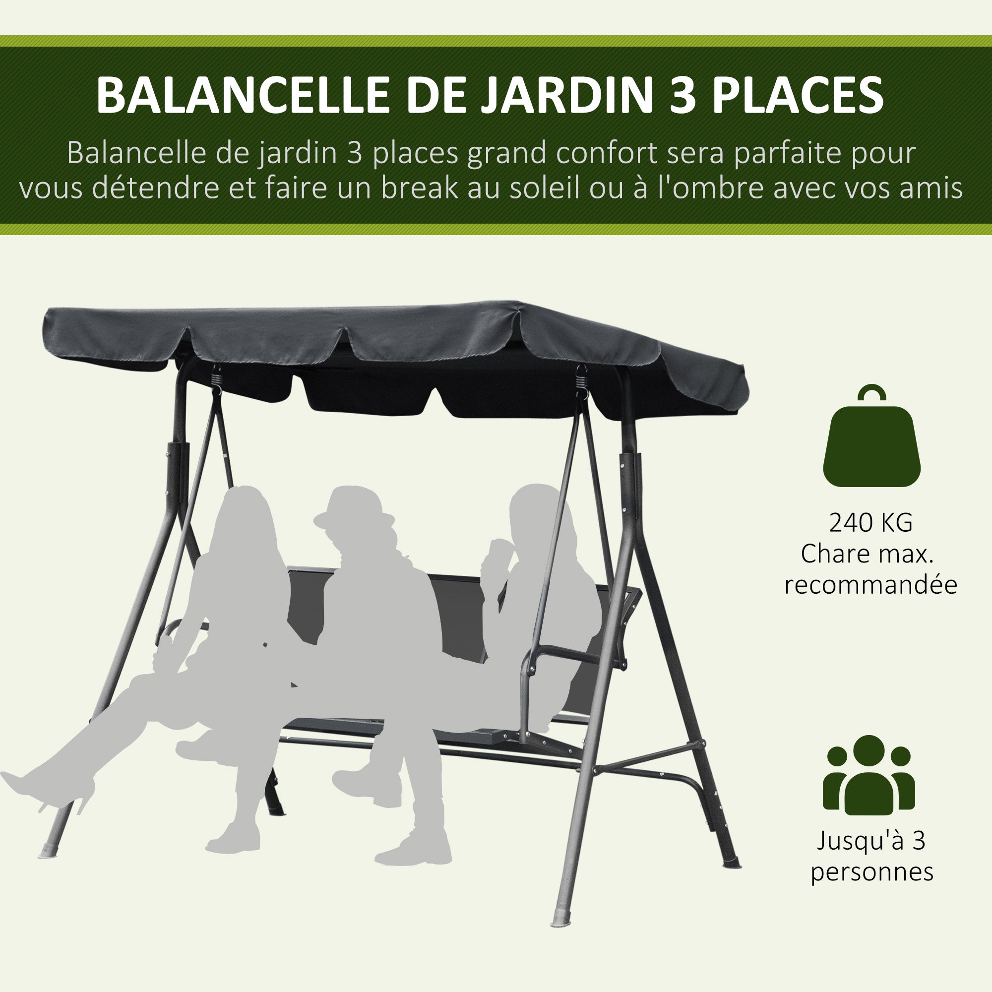 3-Seater Comfortable Garden Swing Waterproof Adjustable Canopy Ergonomic Seat and Backrest Steel Textilene Grey