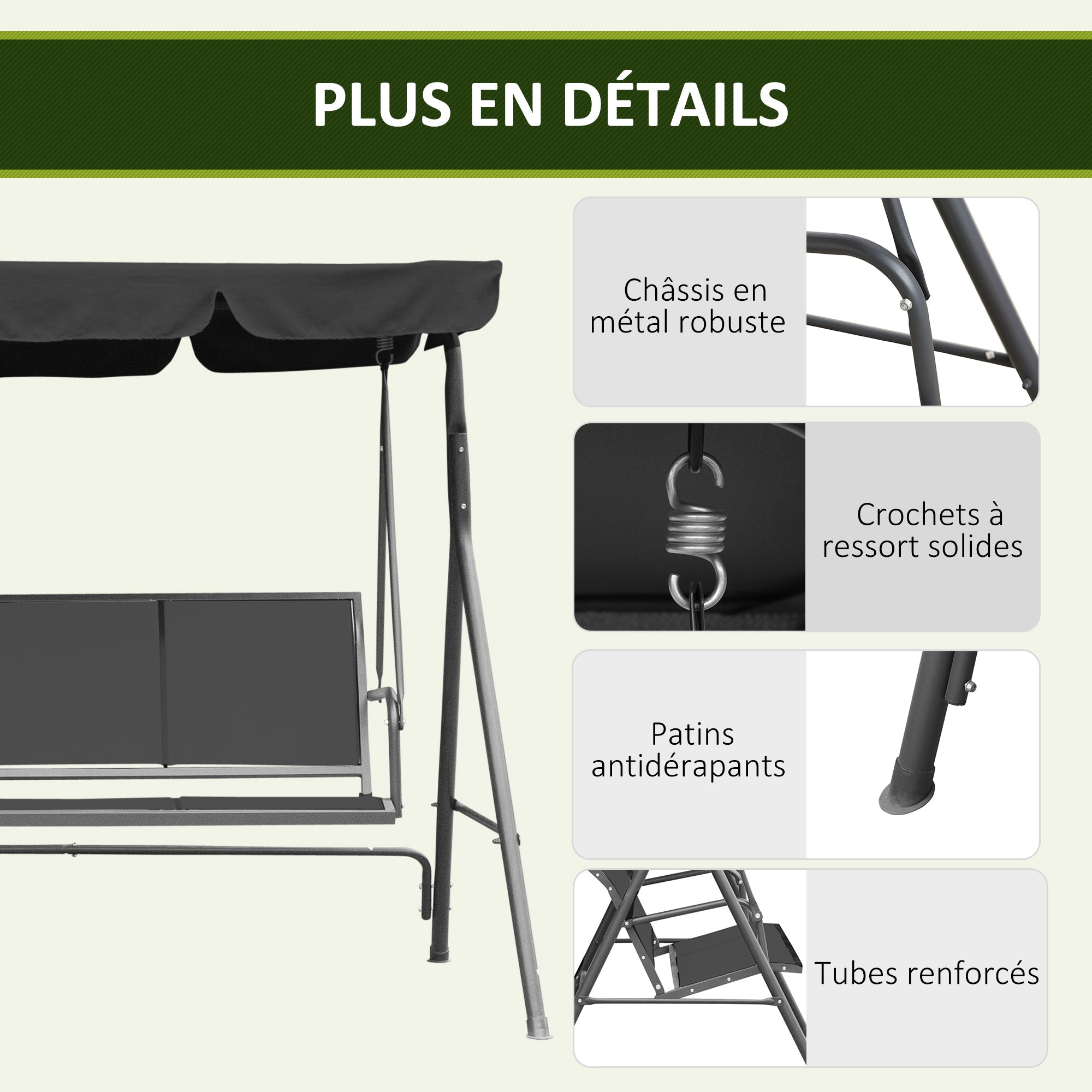 3-Seater Comfortable Garden Swing Waterproof Adjustable Canopy Ergonomic Seat and Backrest Steel Textilene Grey