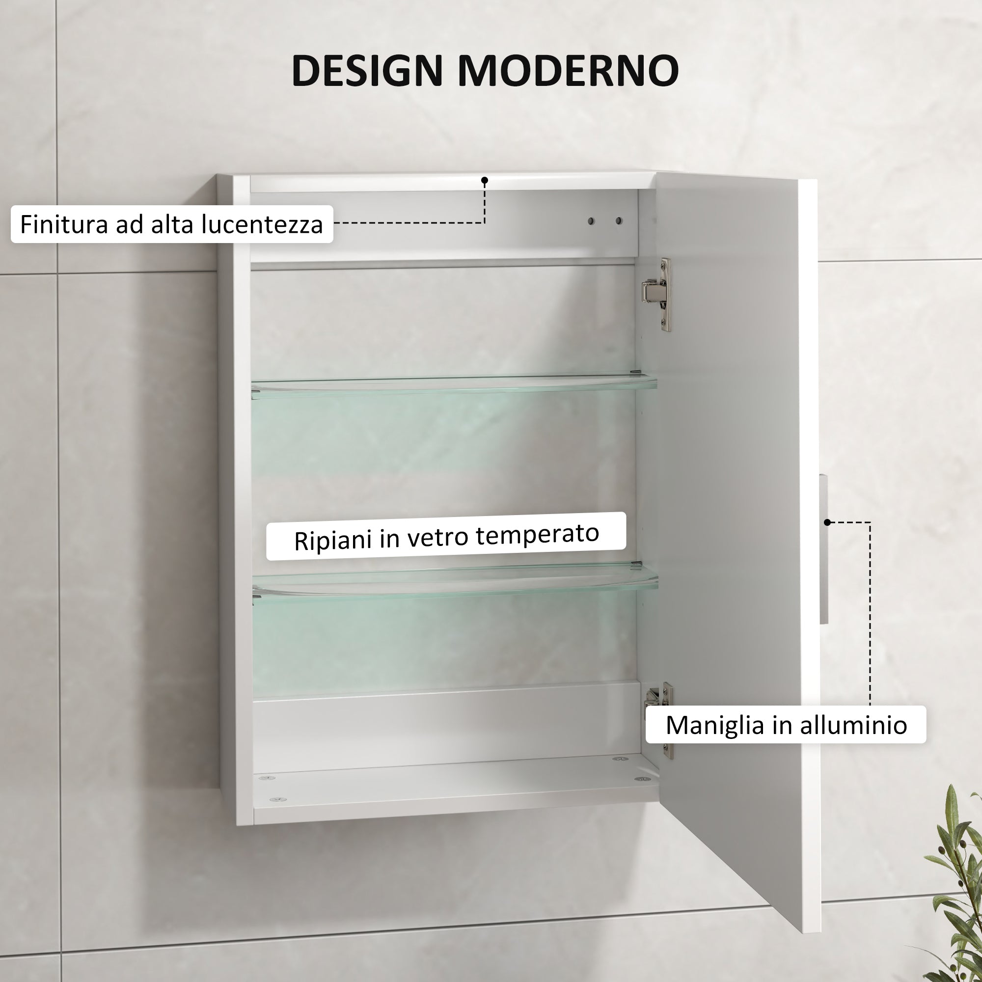 Wall Bathroom Cabinet with 1 Door, Bathroom Wall Shelf with 3 Adjustable Glass Shelves on 3 Levels, Suspended Bathroom Cabinet in Wood, 40x15x55 cm, Glossy White