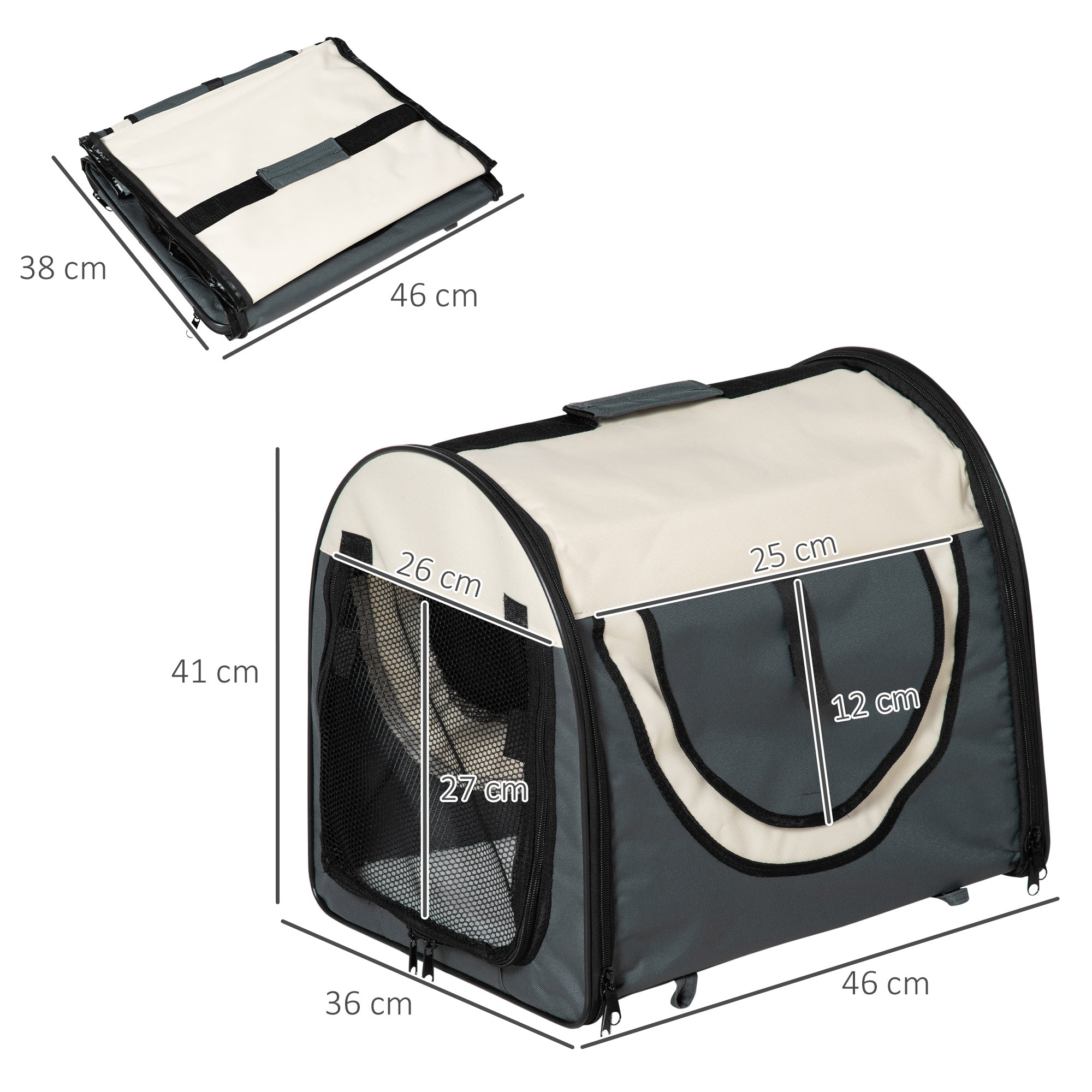 Foldable Pet Carrier in Oxford with Removable Washable Cushion and Carry Bag, 46x36x41cm, Dark Grey