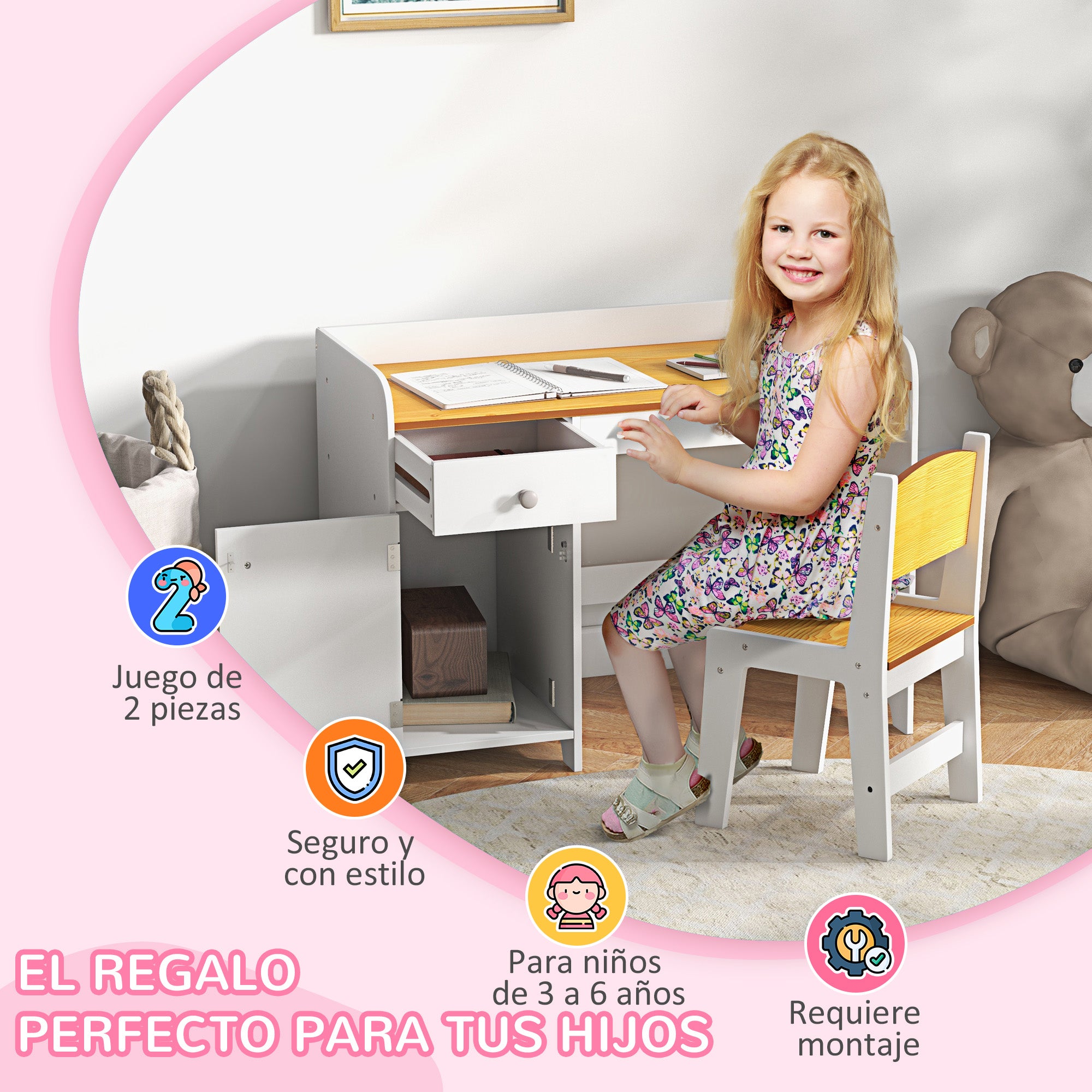 ZONEKIZ 2-Piece Desk Set Children's Desk includes Chair and Table with Drawer and Cabinet for Bedroom White and Natural