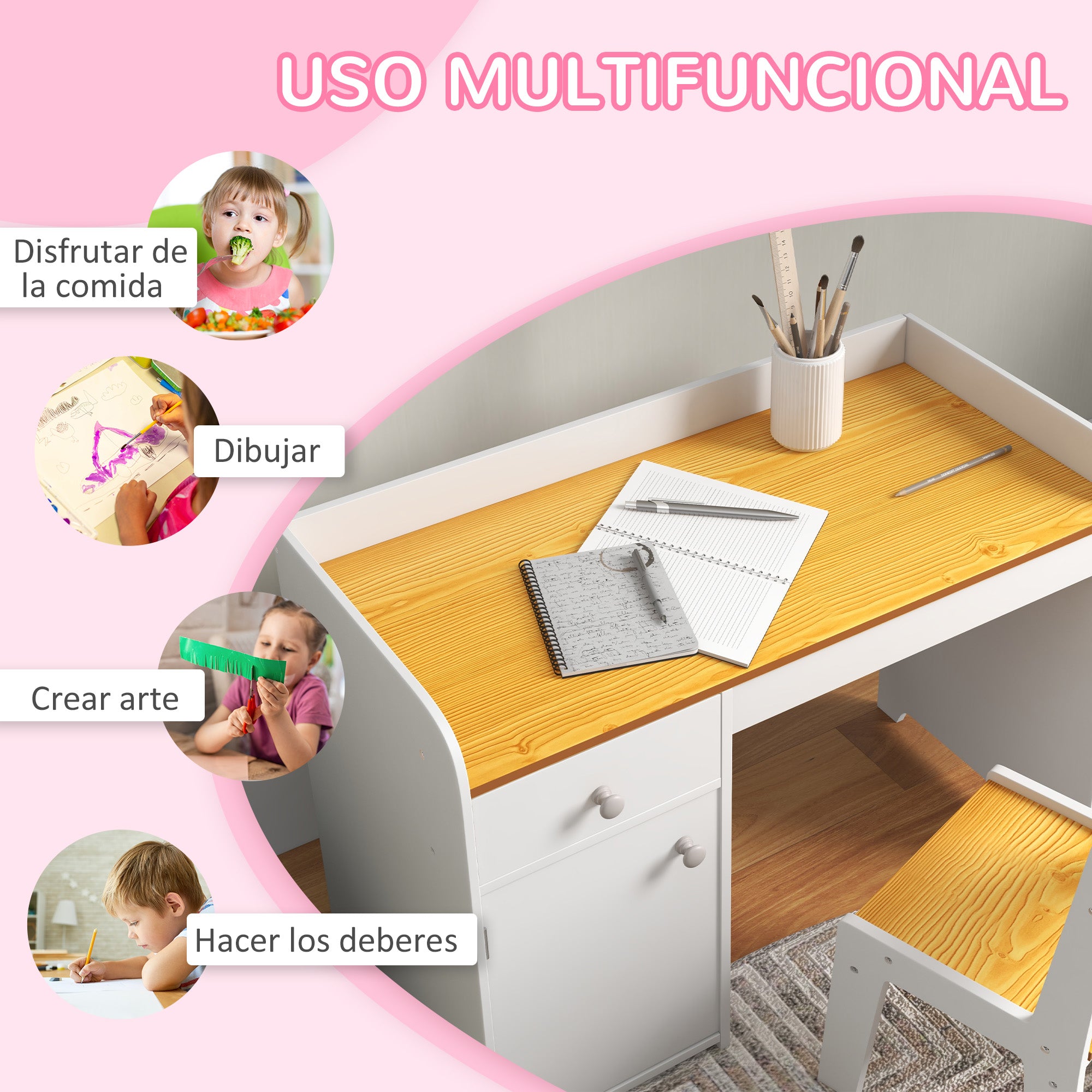 ZONEKIZ 2-Piece Desk Set Children's Desk includes Chair and Table with Drawer and Cabinet for Bedroom White and Natural