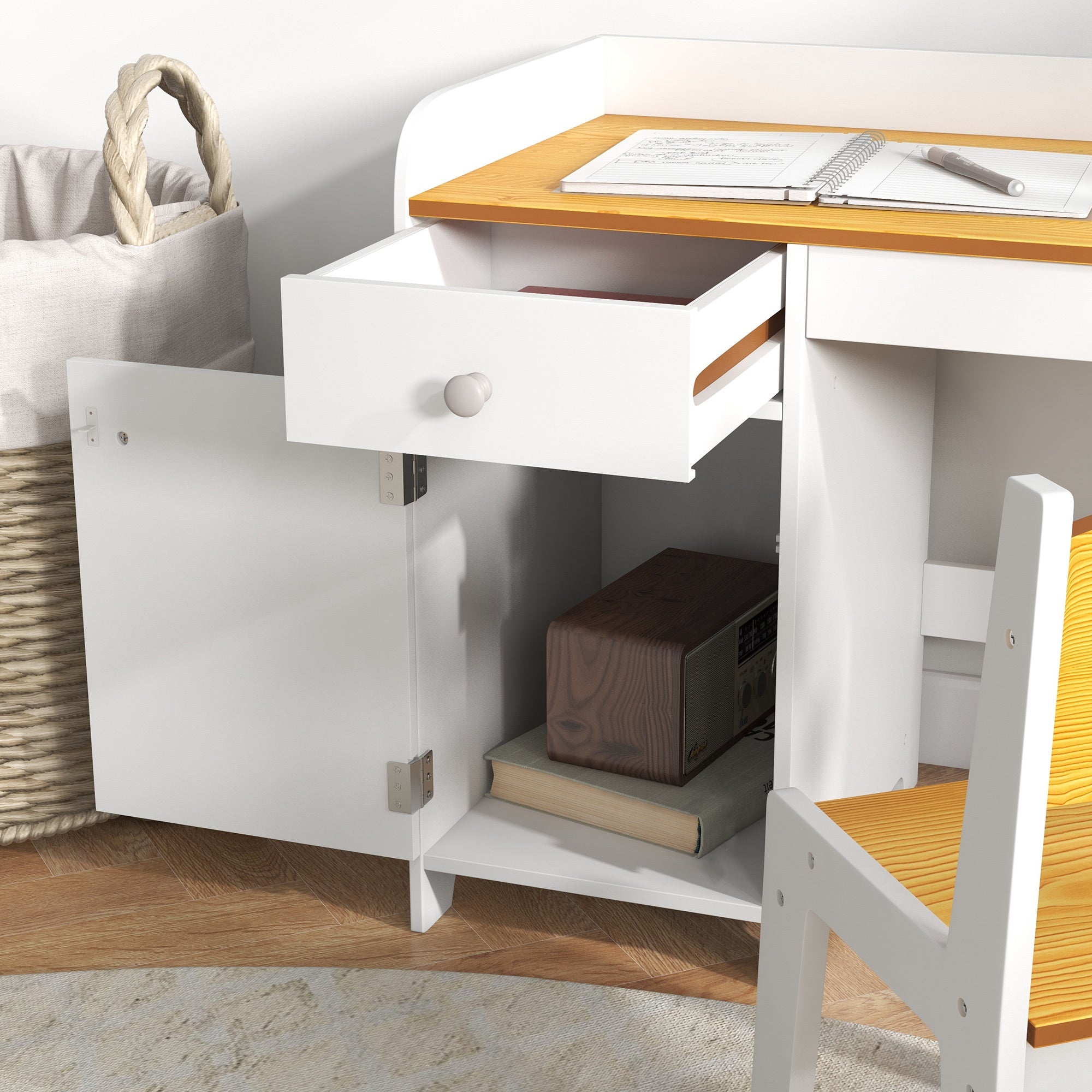 ZONEKIZ 2-Piece Desk Set Children's Desk includes Chair and Table with Drawer and Cabinet for Bedroom White and Natural