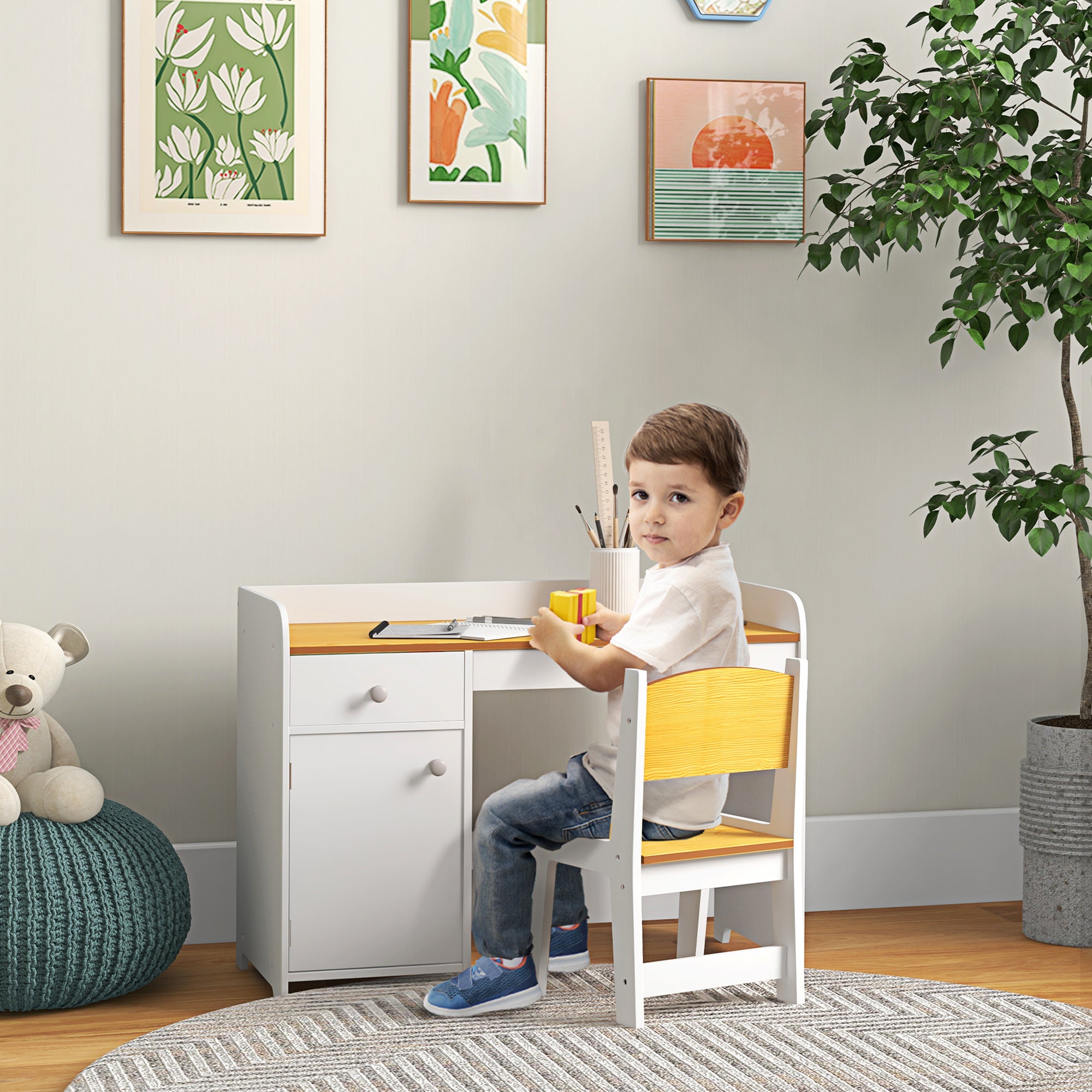 ZONEKIZ 2-Piece Desk Set Children's Desk includes Chair and Table with Drawer and Cabinet for Bedroom White and Natural