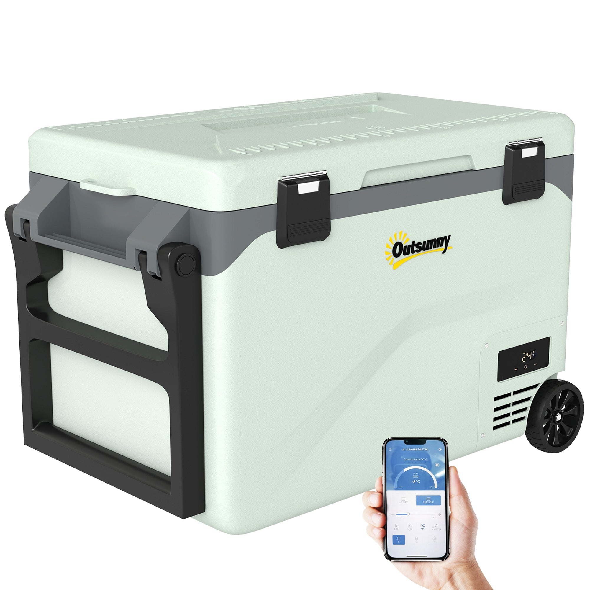 42.5L Portable Electric Cooler (12/24/240V) — Compressor Fridge/Freezer, Bluetooth App, LED Display, ECO & MAX Modes, Handle, Phone Holder, Wheels (Green/Black)